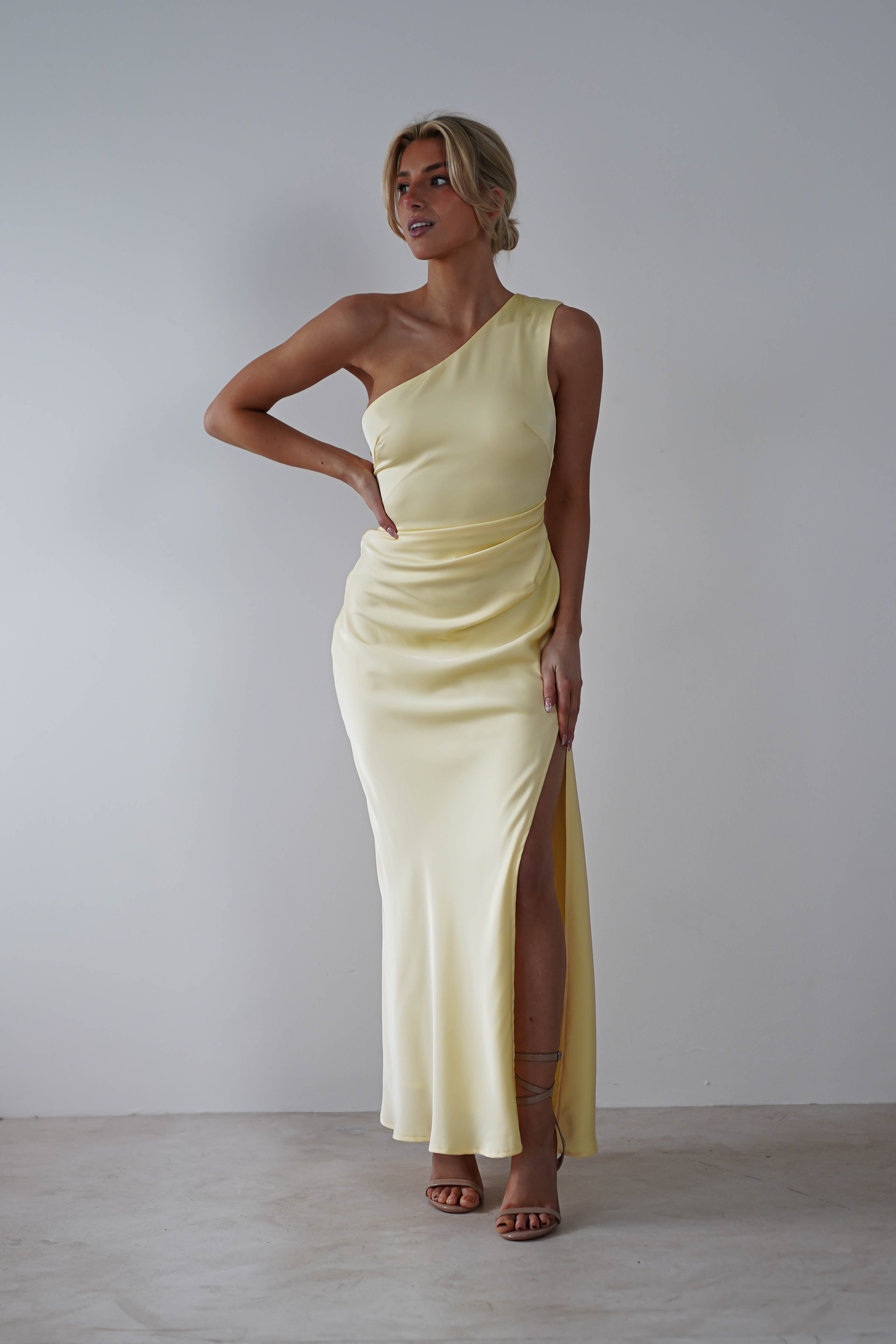 Meera Soft Matte Satin Midaxi Dress Yellow | Wedding Guest Dress | Satin | Oh Hello Clothing