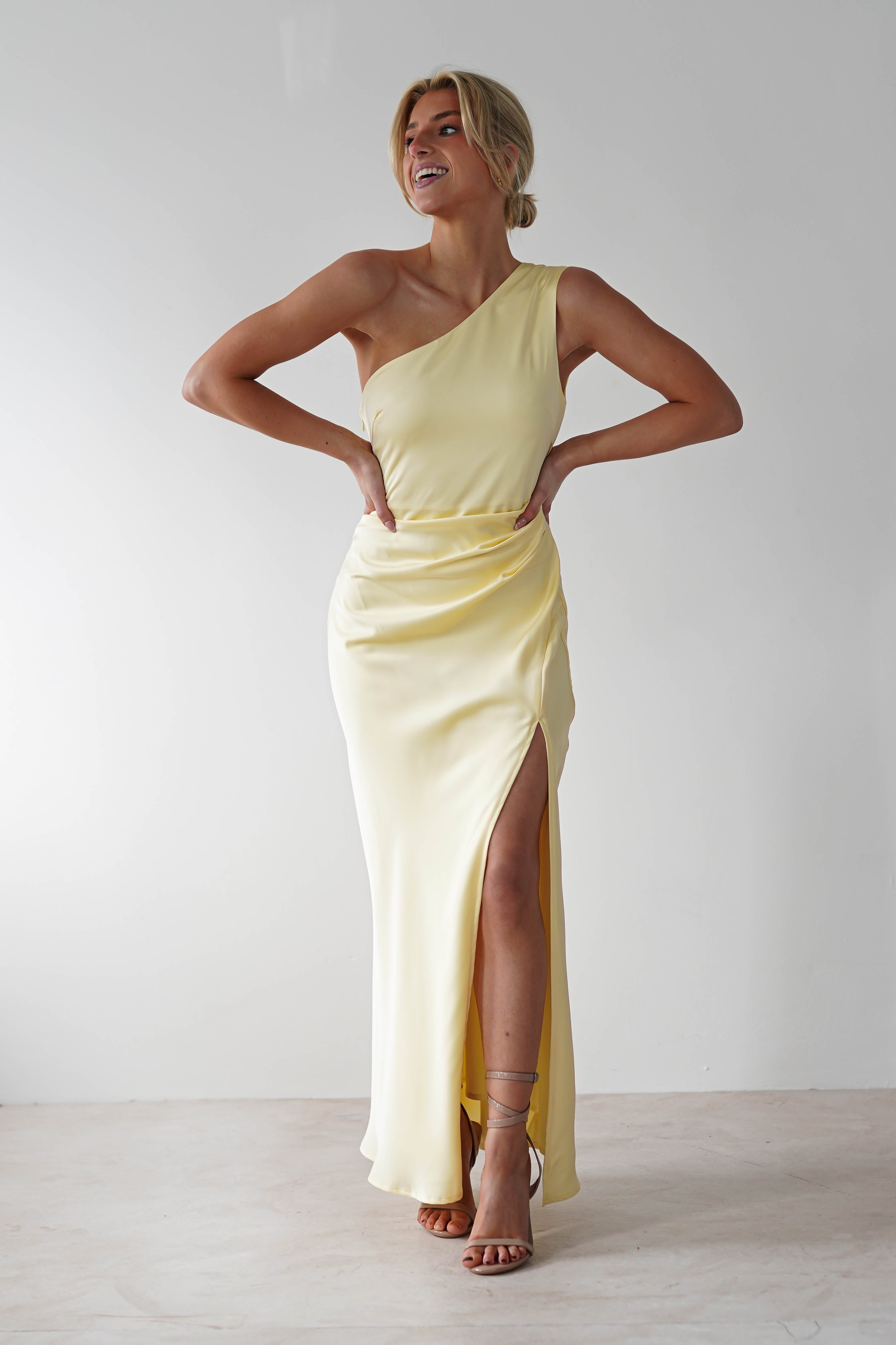 Meera Soft Matte Satin Midaxi Dress Yellow | Wedding Guest Dress | Satin | Oh Hello Clothing