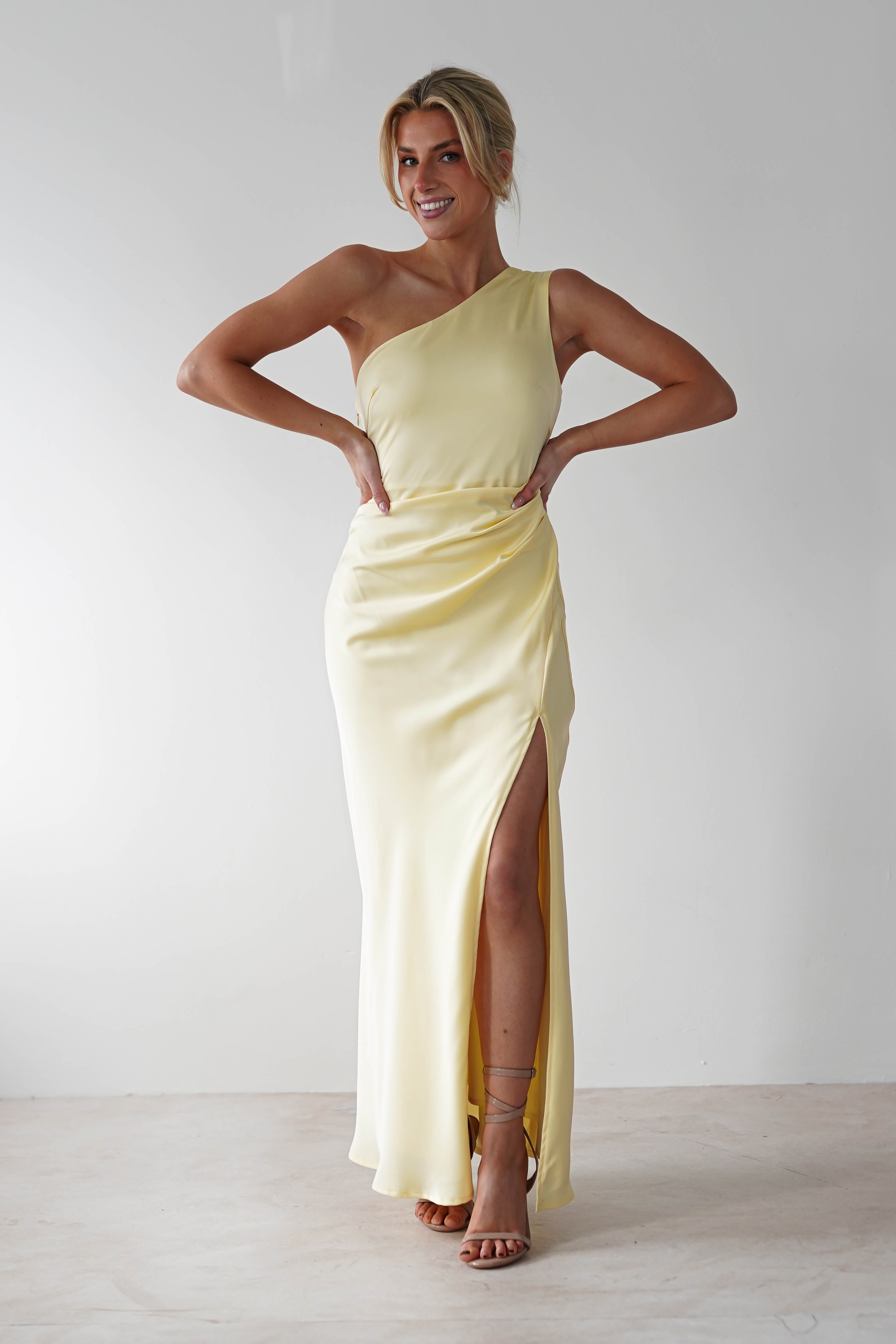 Meera Soft Matte Satin Midaxi Dress Yellow | Wedding Guest Dress | Satin | Oh Hello Clothing
