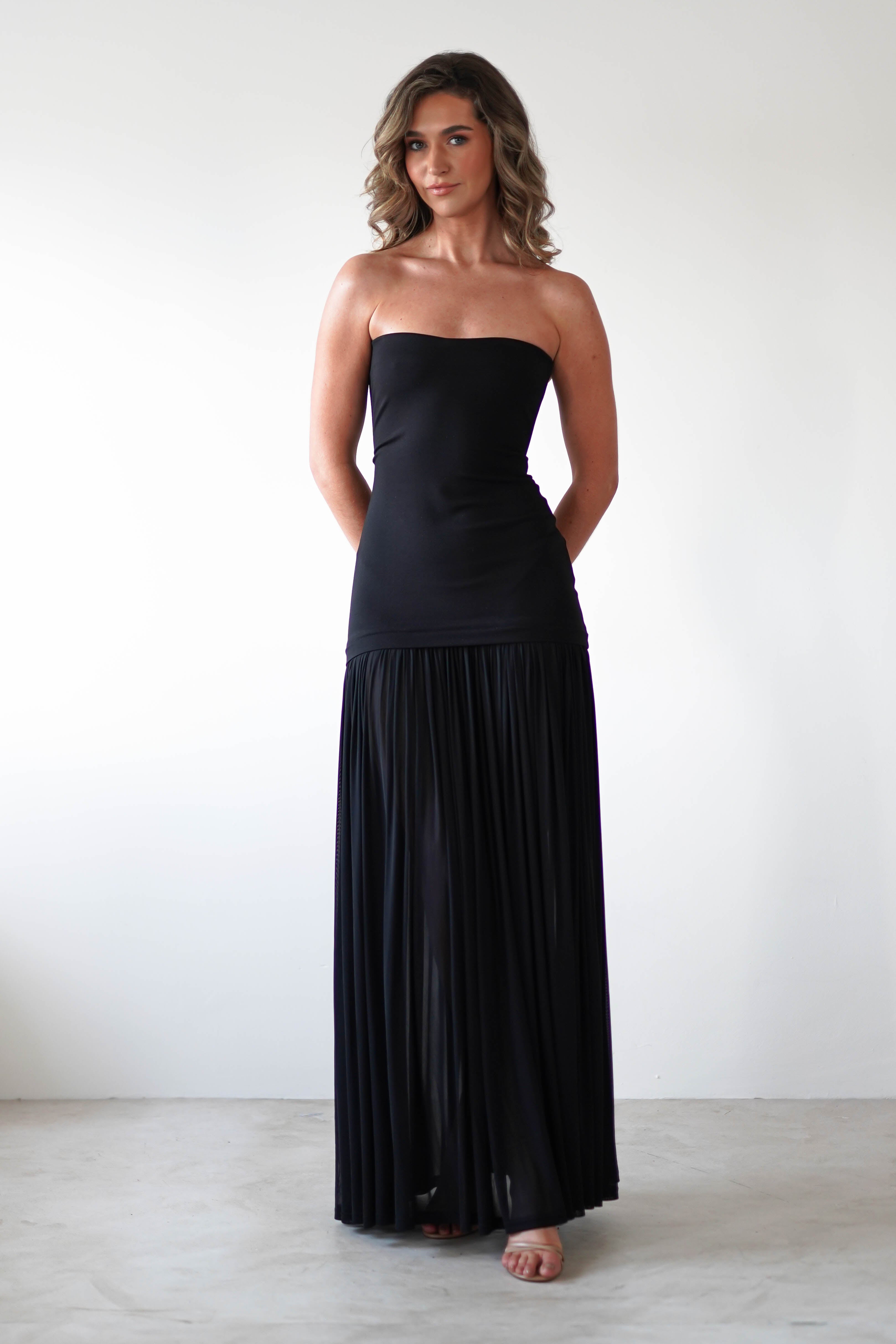 Mel Strapless Chiffon Skirt Maxi Dress Black | Wedding Guest Dress | Maxi | Chiffon | Oh Hello Clothing