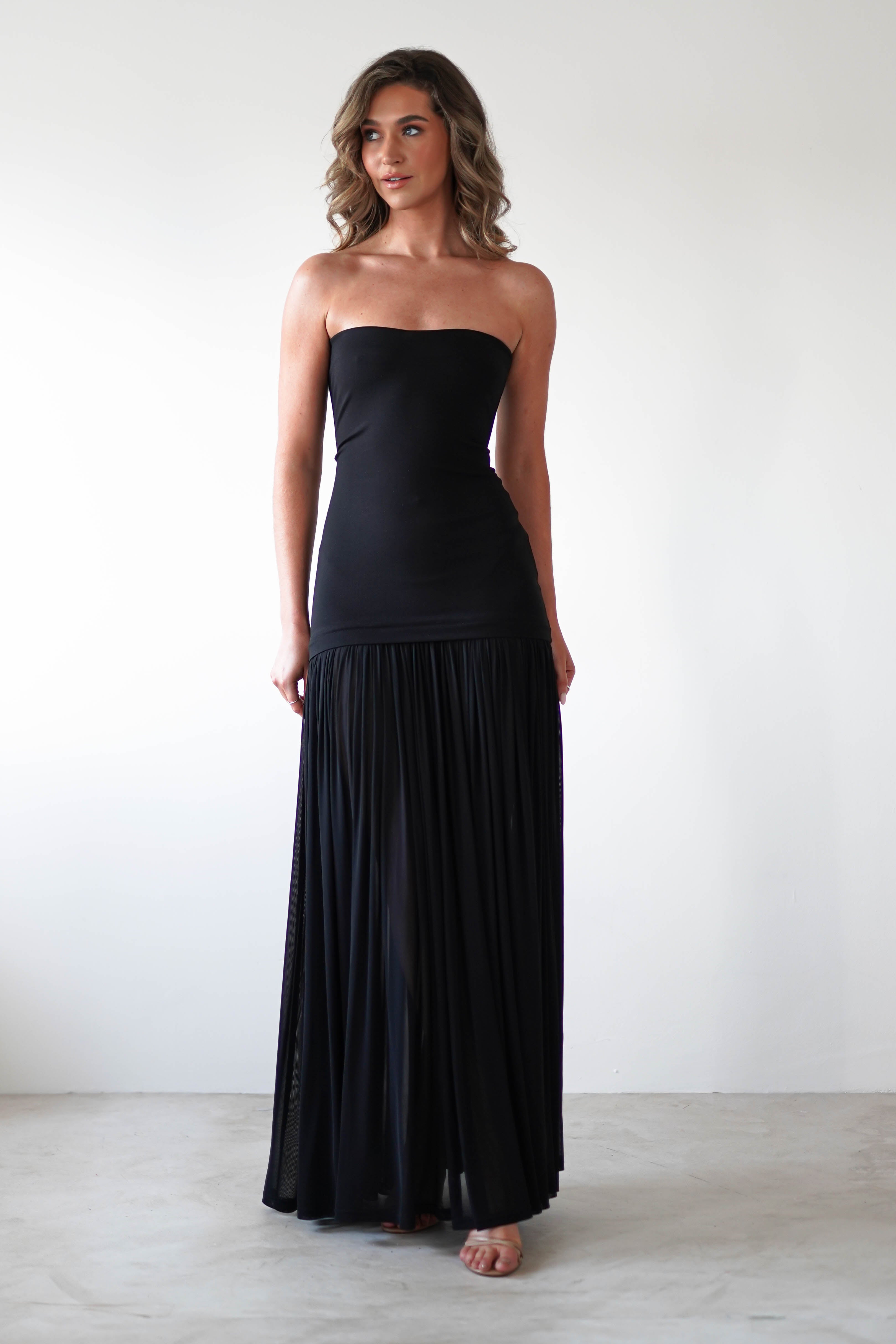 Mel Strapless Chiffon Skirt Maxi Dress Black | Wedding Guest Dress | Maxi | Chiffon | Oh Hello Clothing