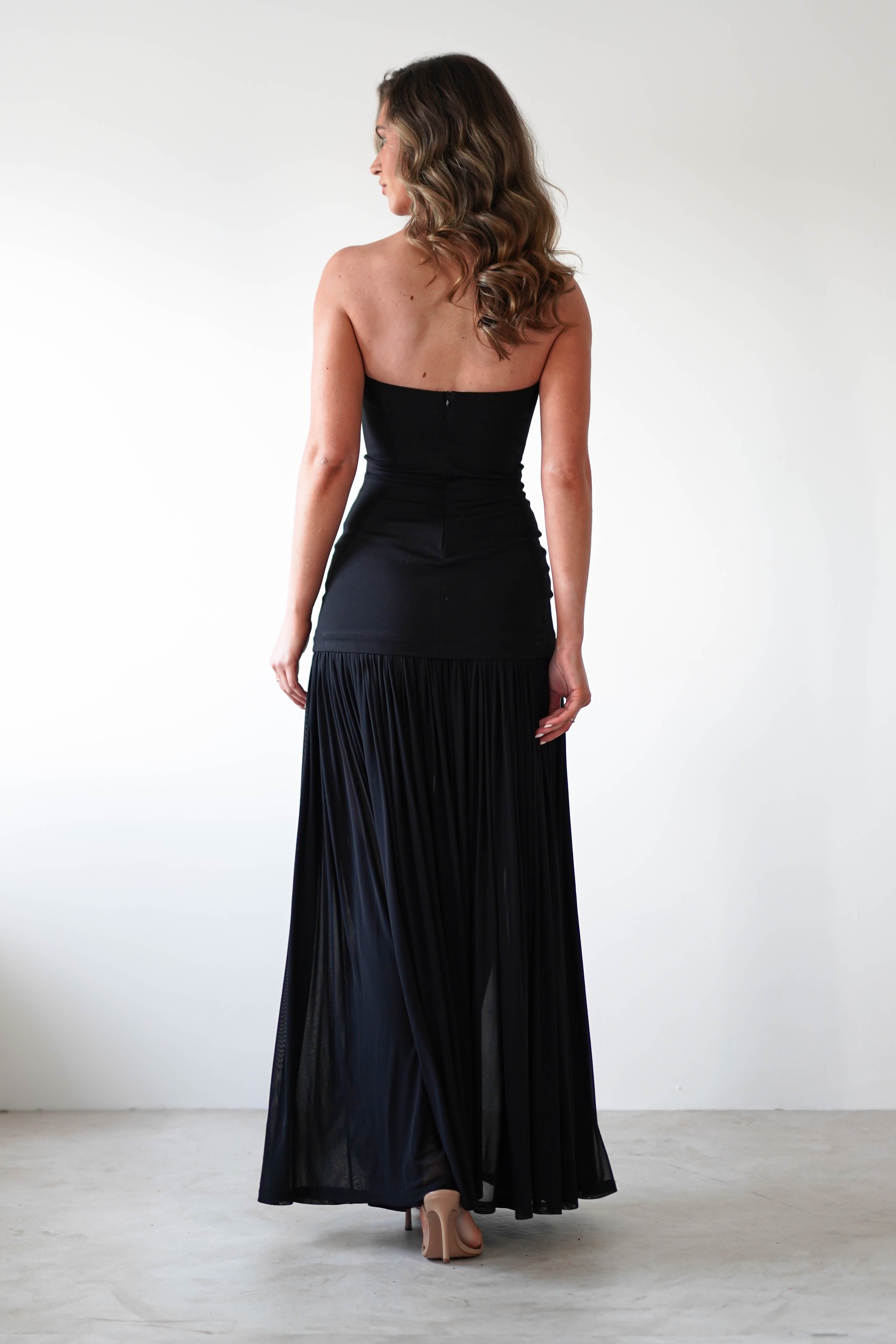 Mel Strapless Chiffon Skirt Maxi Dress Black | Wedding Guest Dress | Maxi | Chiffon | Oh Hello Clothing