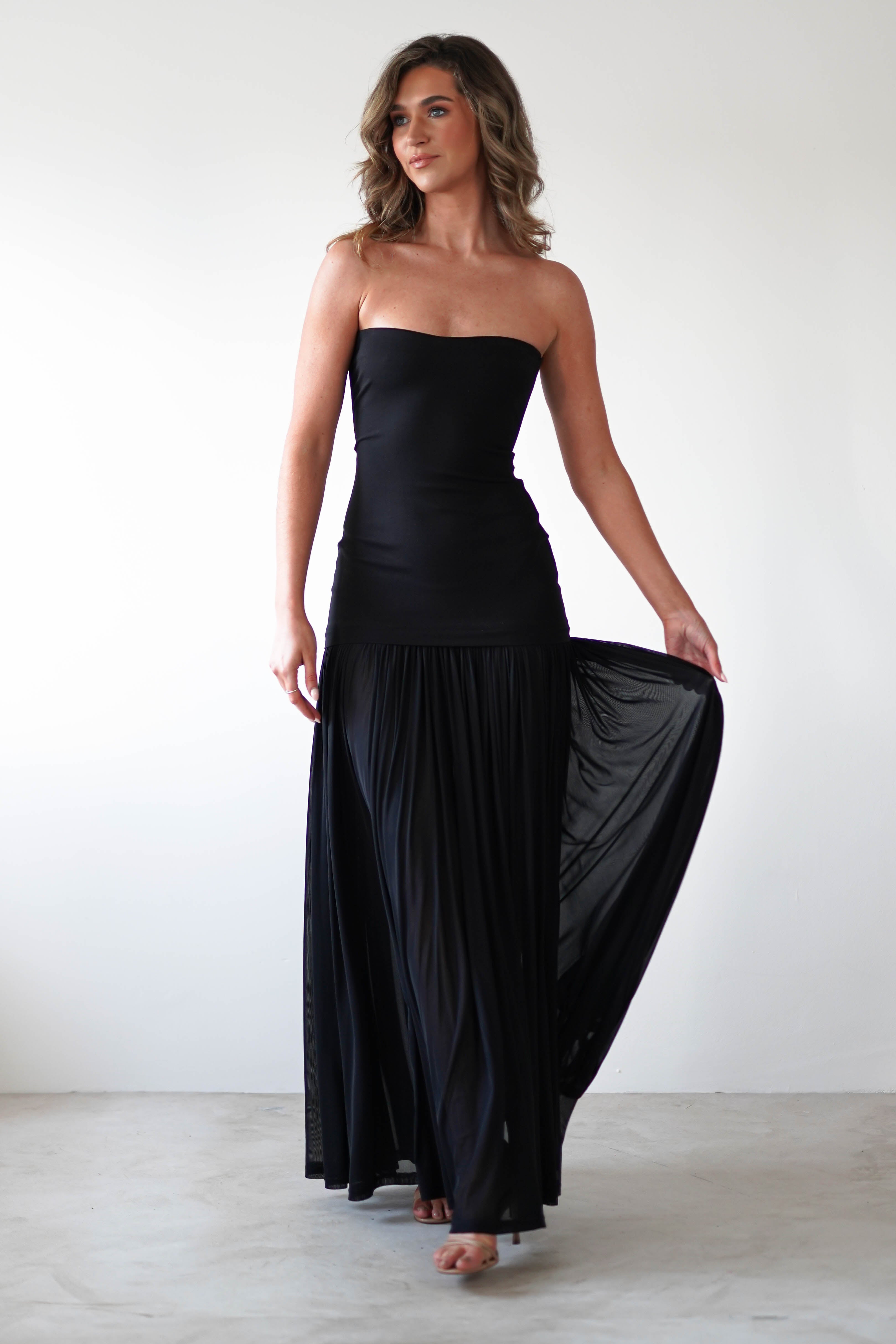 Mel Strapless Chiffon Skirt Maxi Dress Black | Wedding Guest Dress | Maxi | Chiffon | Oh Hello Clothing