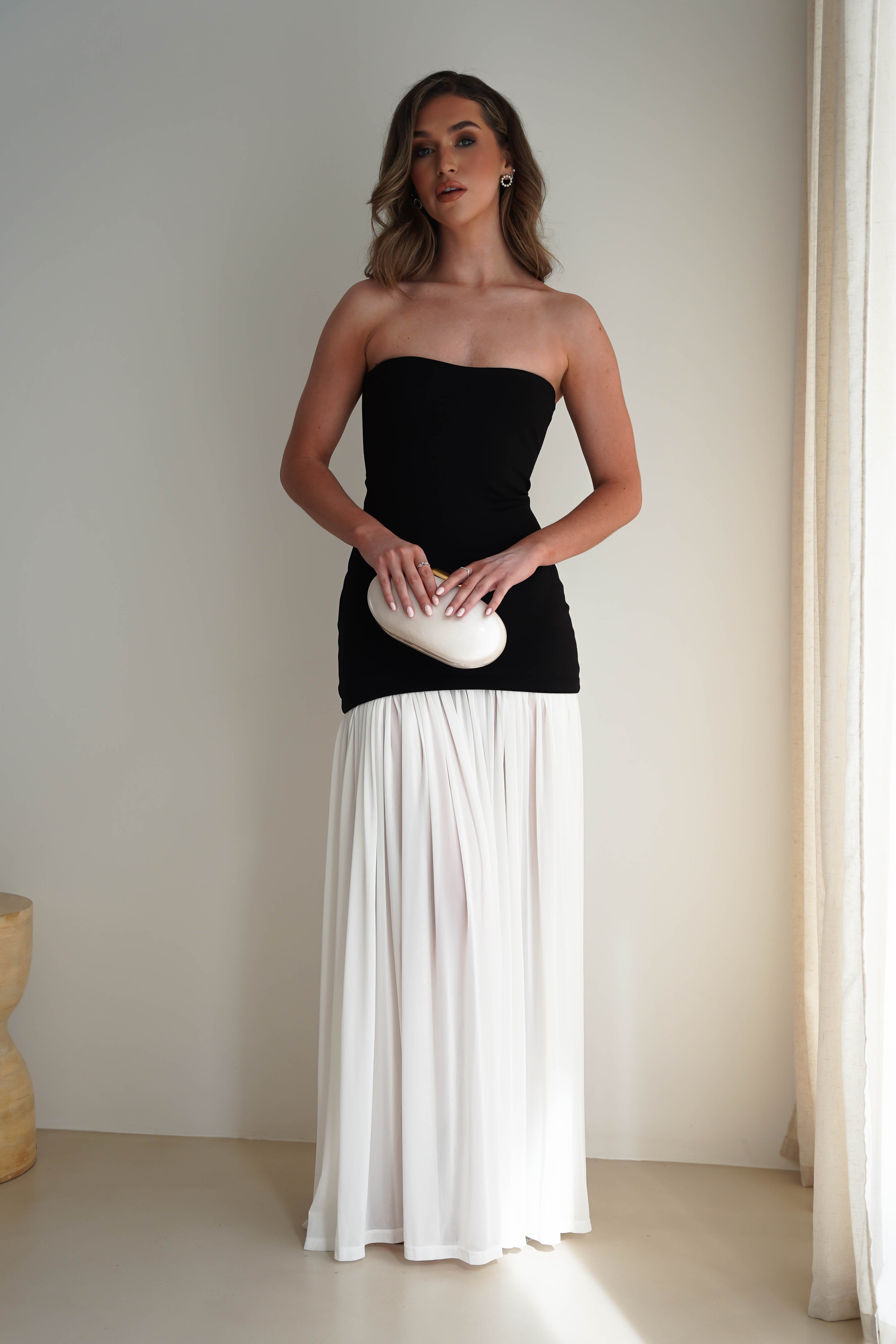 Mel Strapless Chiffon Skirt Maxi Dress Black/White | Wedding Guest Dress | Maxi | Chiffon | Oh Hello Clothing