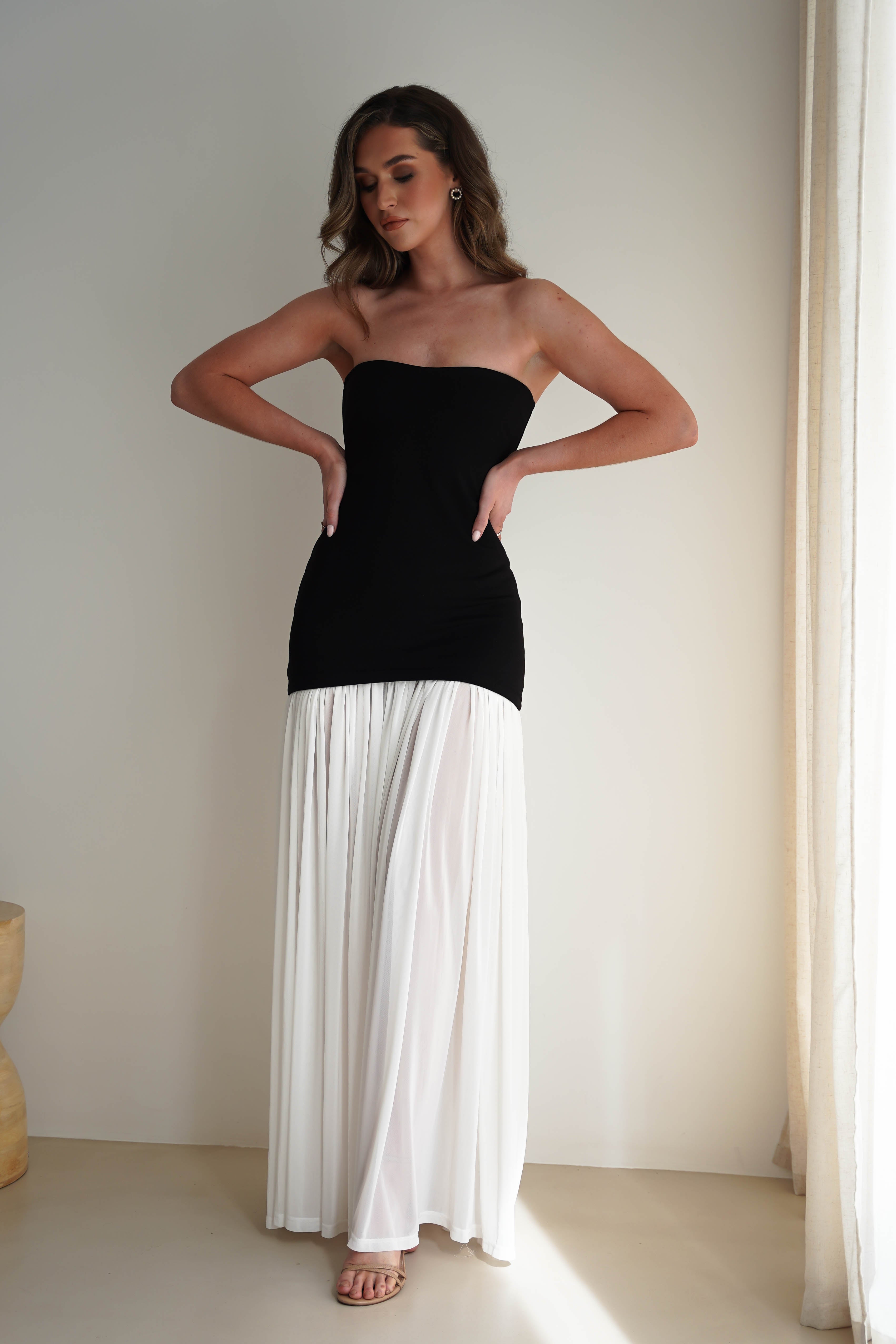 Mel Strapless Chiffon Skirt Maxi Dress Black/White | Wedding Guest Dress | Maxi | Chiffon | Oh Hello Clothing
