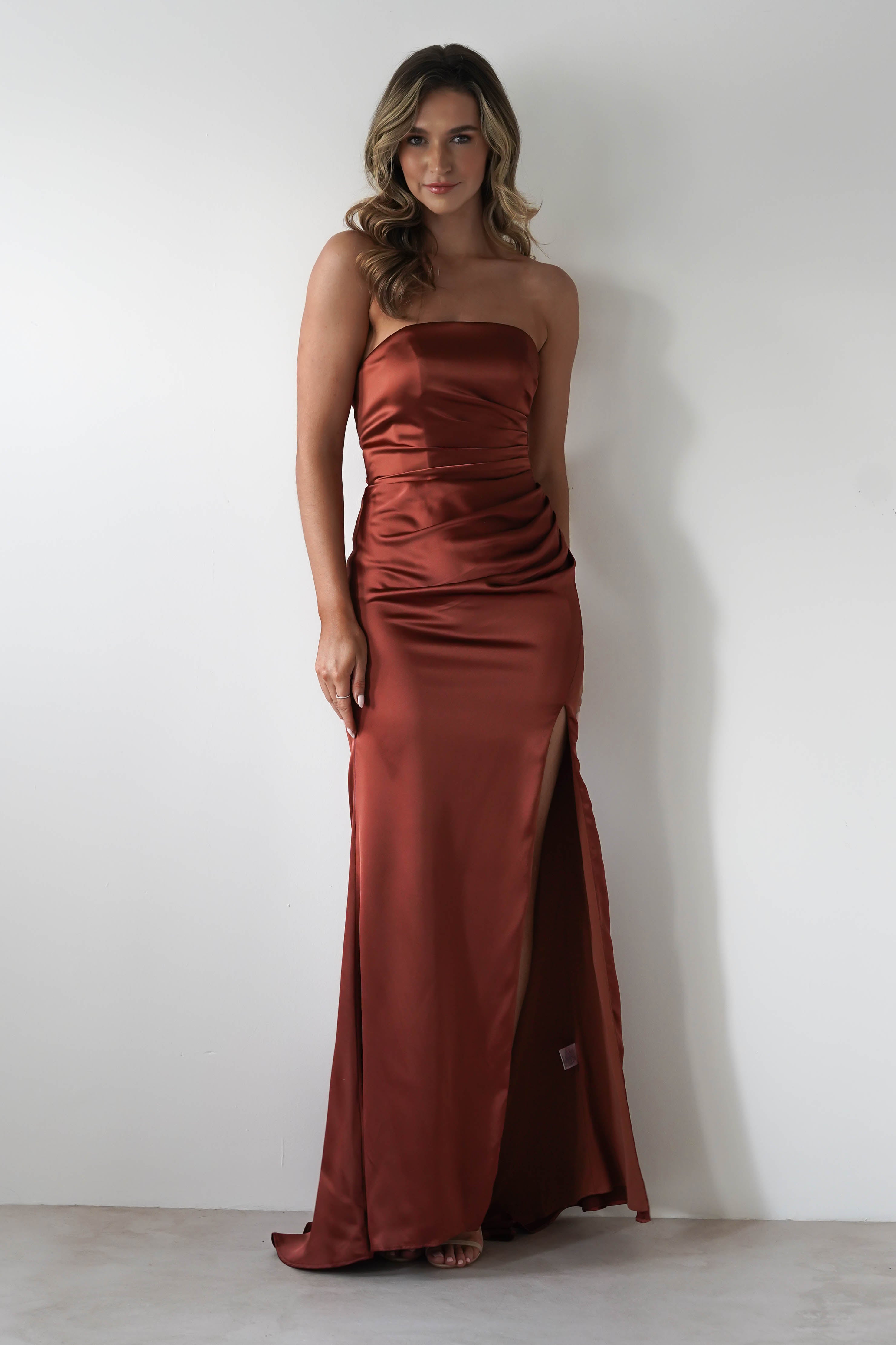 Melanie Soft Satin Maxi Gown | Rust | Debs & Prom | Formal Gown | Oh Hello Clothing
