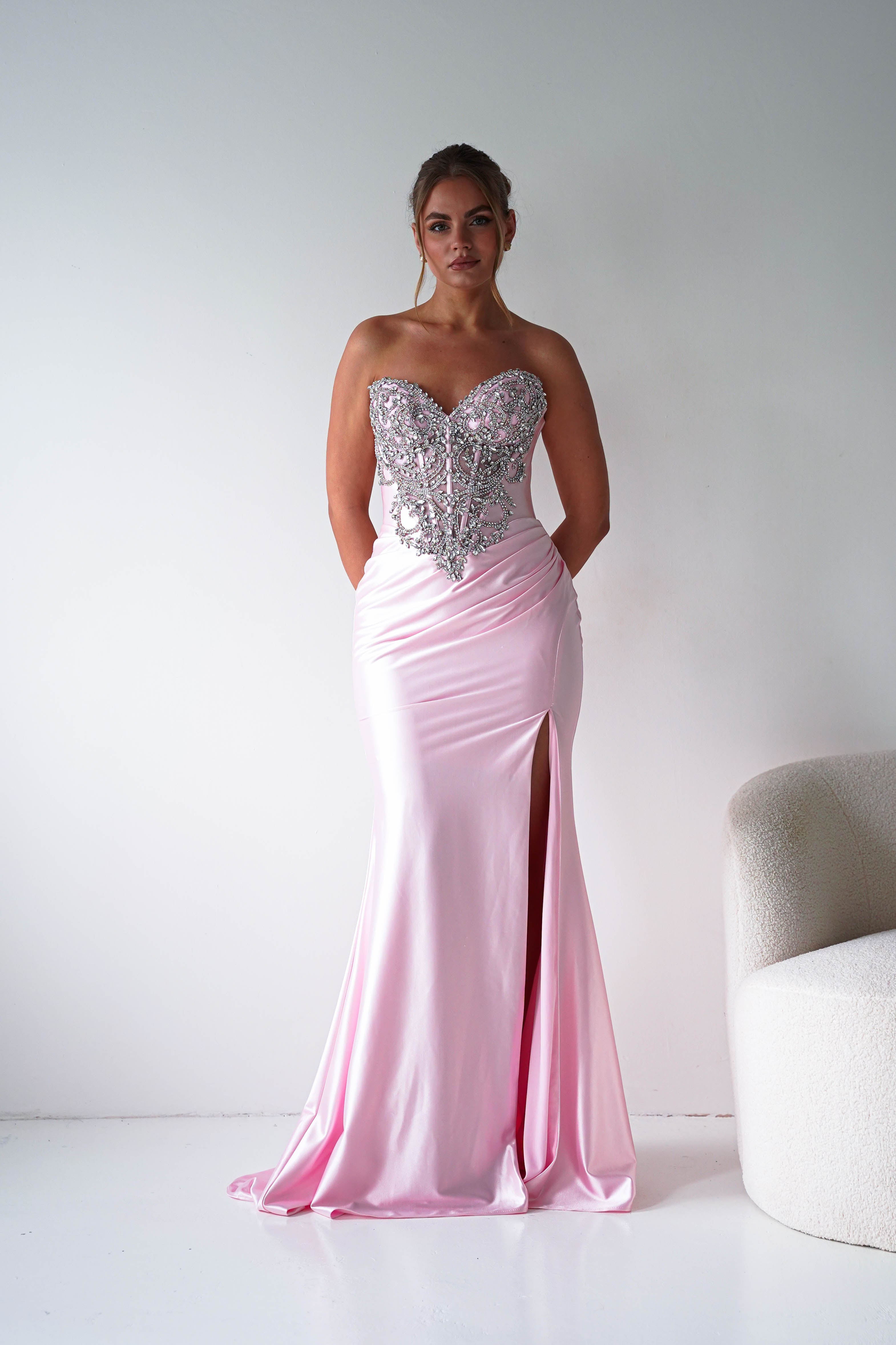 Oh Hello Clothing Women > Clothing > Dresses Melville Strapless Embellished Corset Gown | Pink