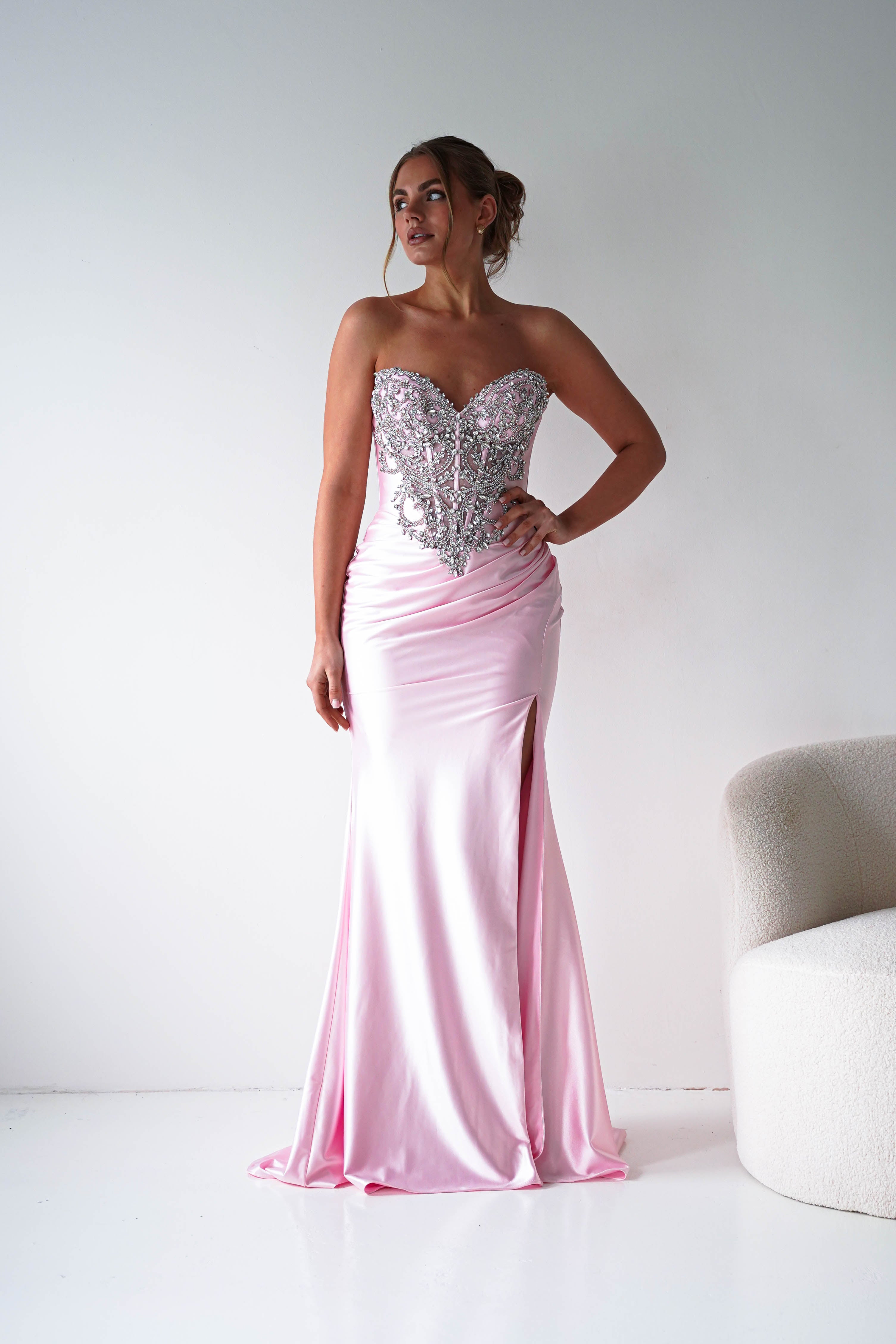 Oh Hello Clothing Women > Clothing > Dresses Melville Strapless Embellished Corset Gown | Pink