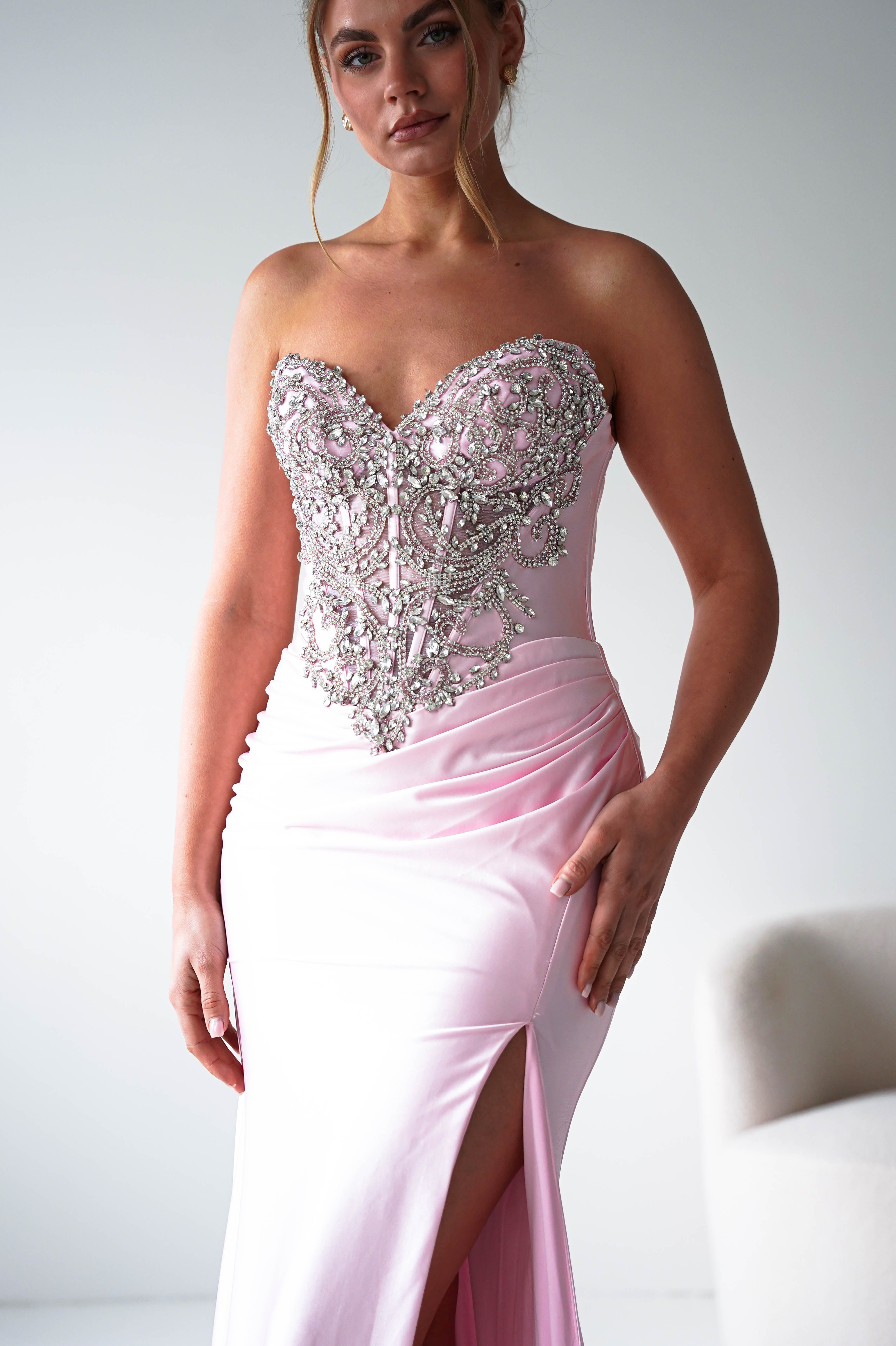 Oh Hello Clothing Women > Clothing > Dresses Melville Strapless Embellished Corset Gown | Pink