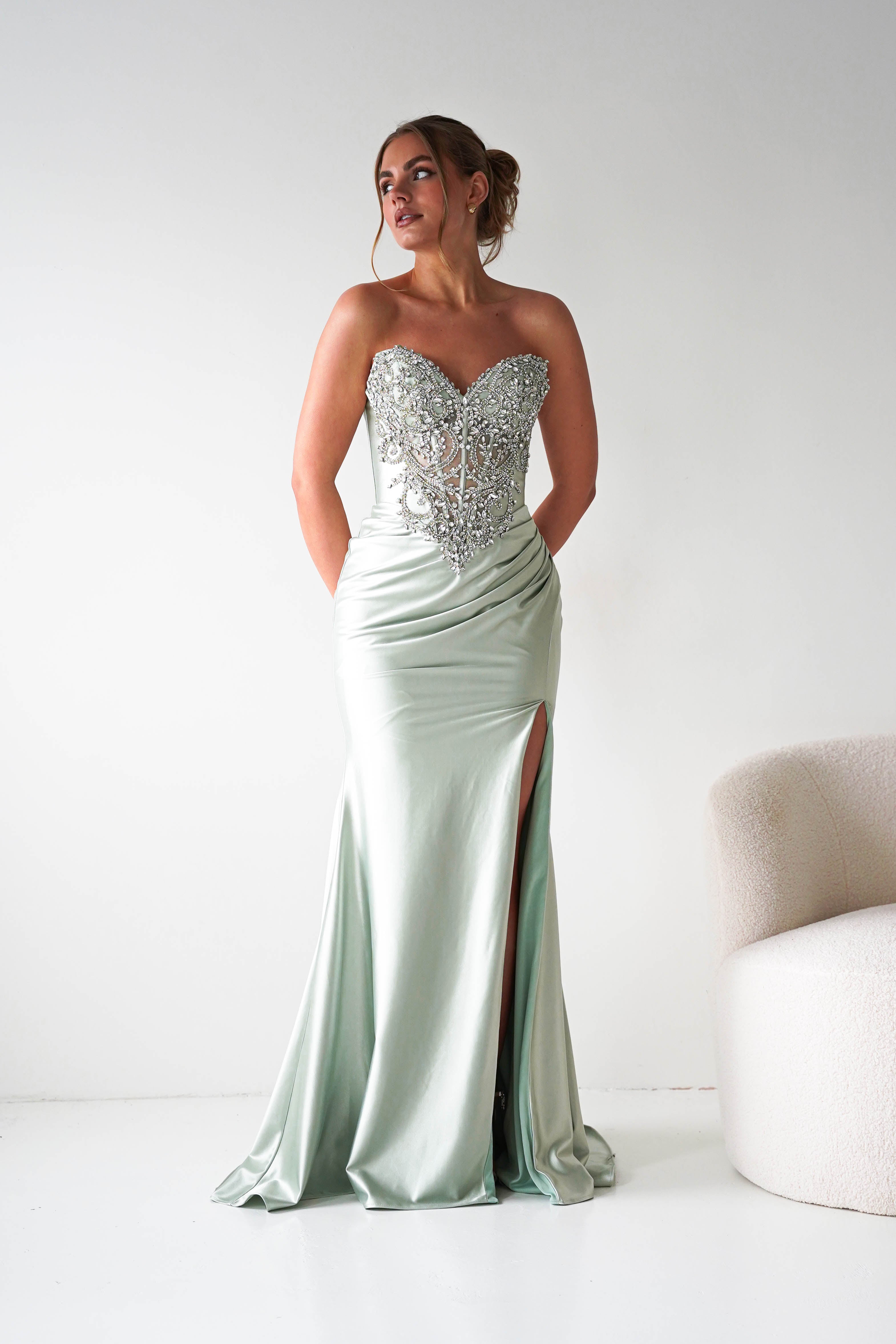 Oh Hello Clothing Women > Clothing > Dresses Melville Strapless Embellished Corset Gown | Sage