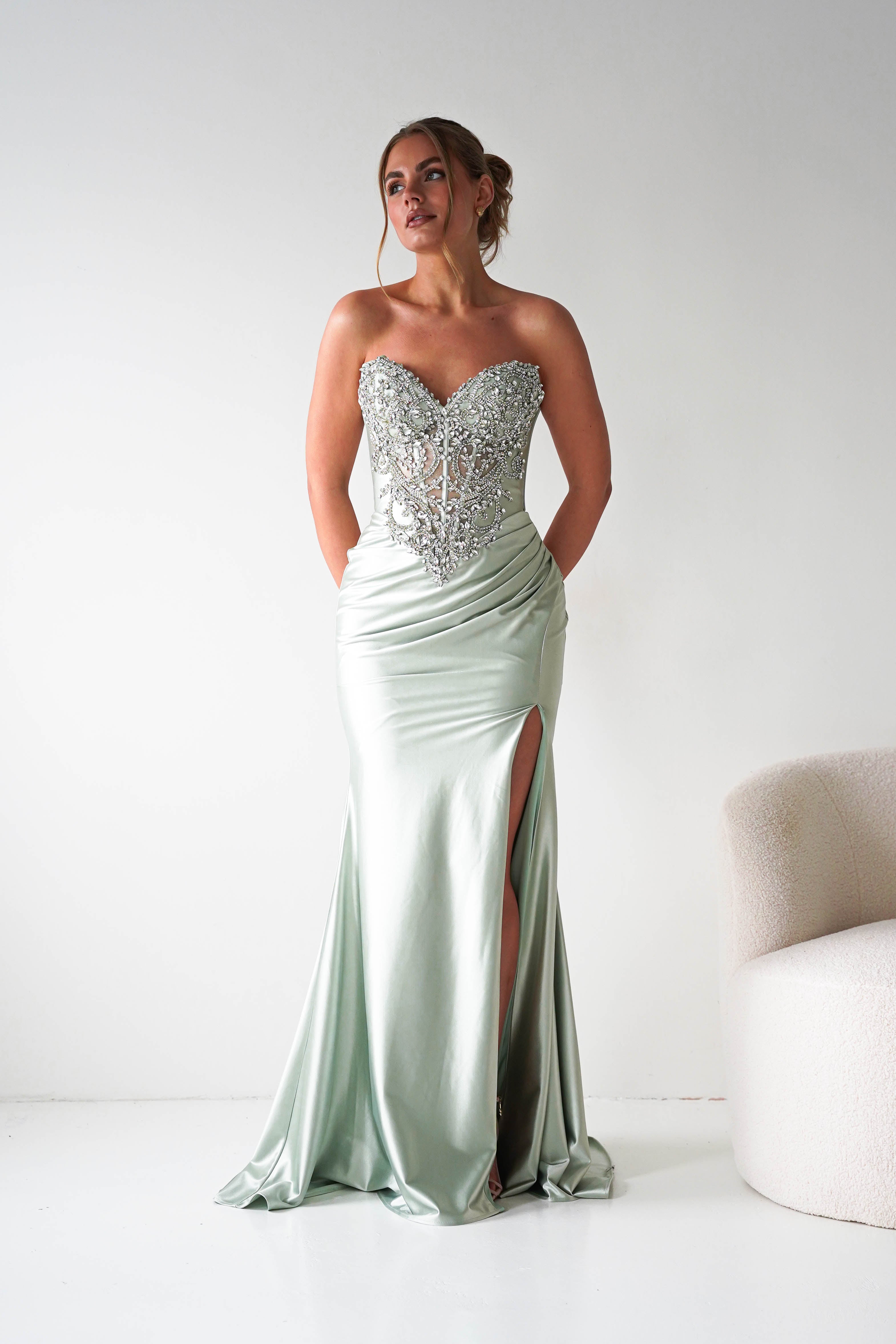 Oh Hello Clothing Women > Clothing > Dresses Melville Strapless Embellished Corset Gown | Sage