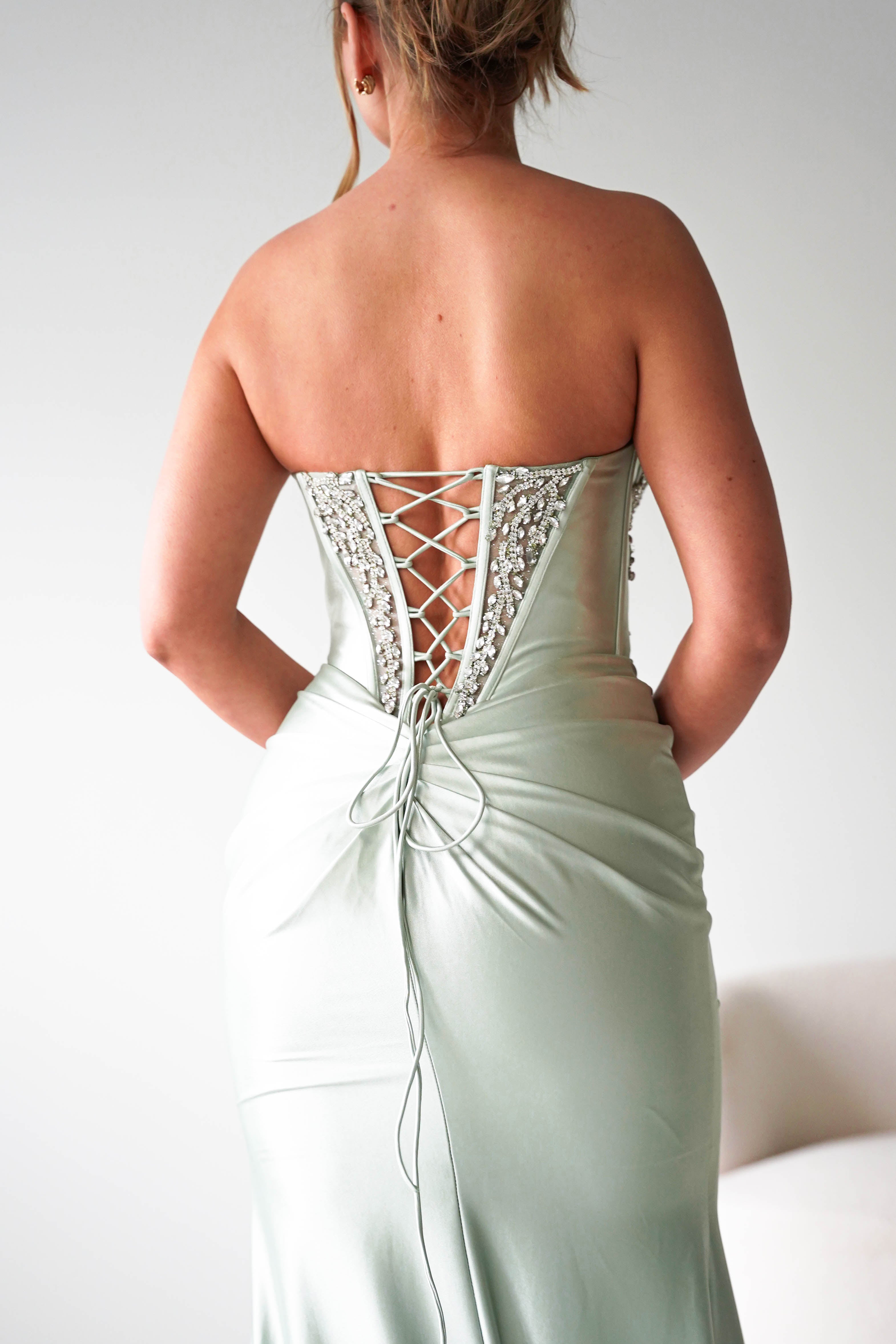 Oh Hello Clothing Women > Clothing > Dresses Melville Strapless Embellished Corset Gown | Sage