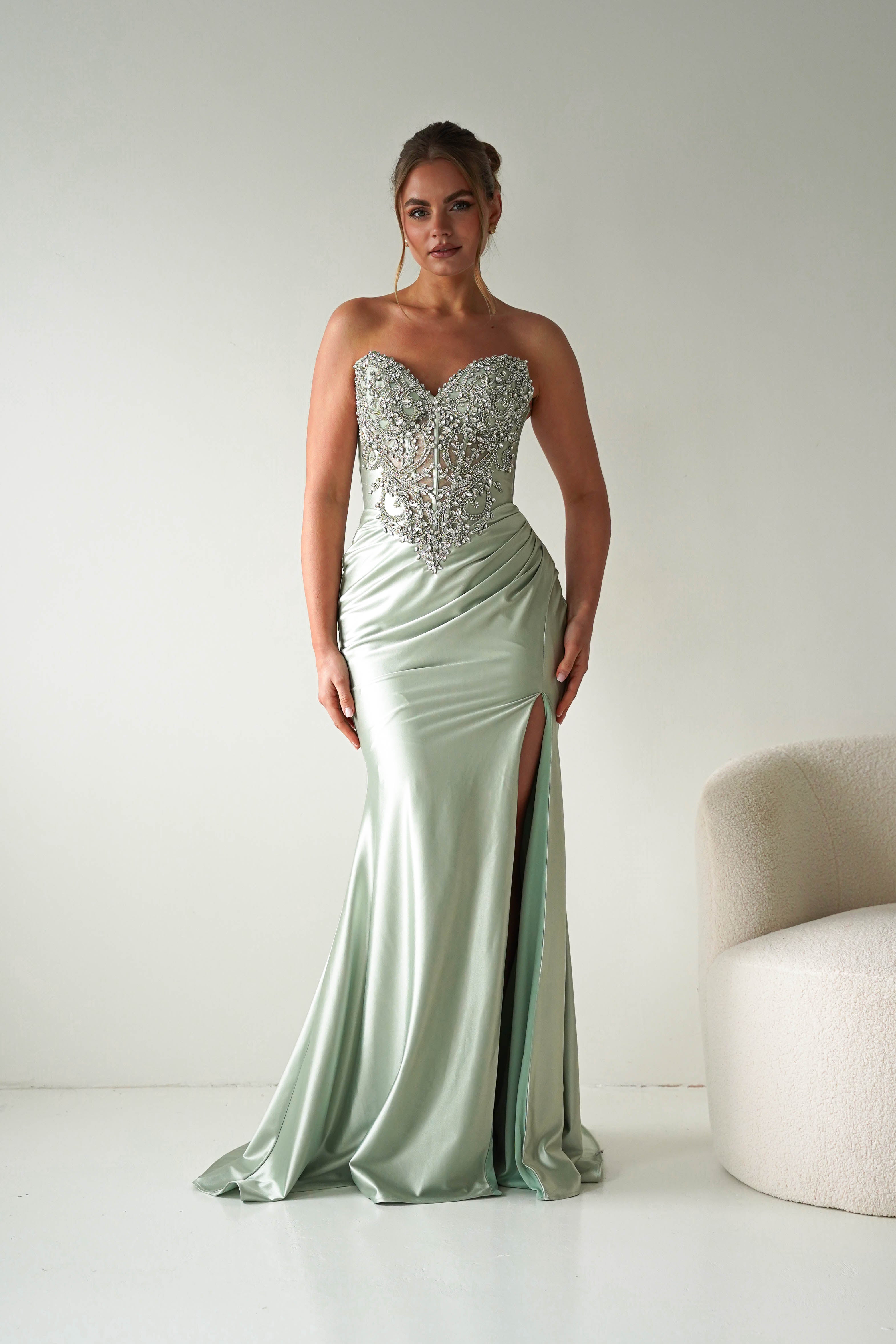 Oh Hello Clothing Women > Clothing > Dresses Melville Strapless Embellished Corset Gown | Sage