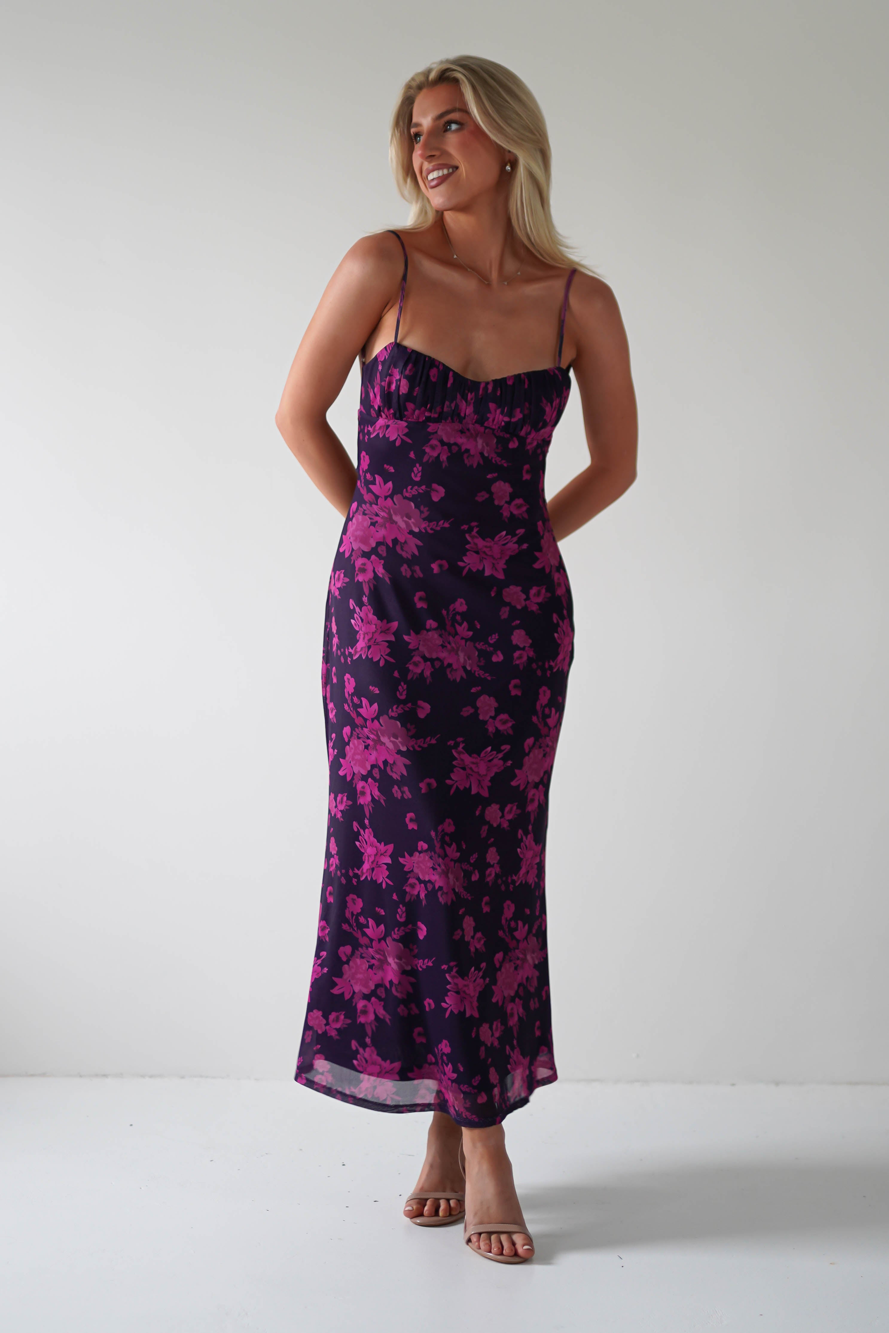 Merlo Low Back Midaxi Dress Grape Print | Wedding Guest Dress | Oh Hello Clothing