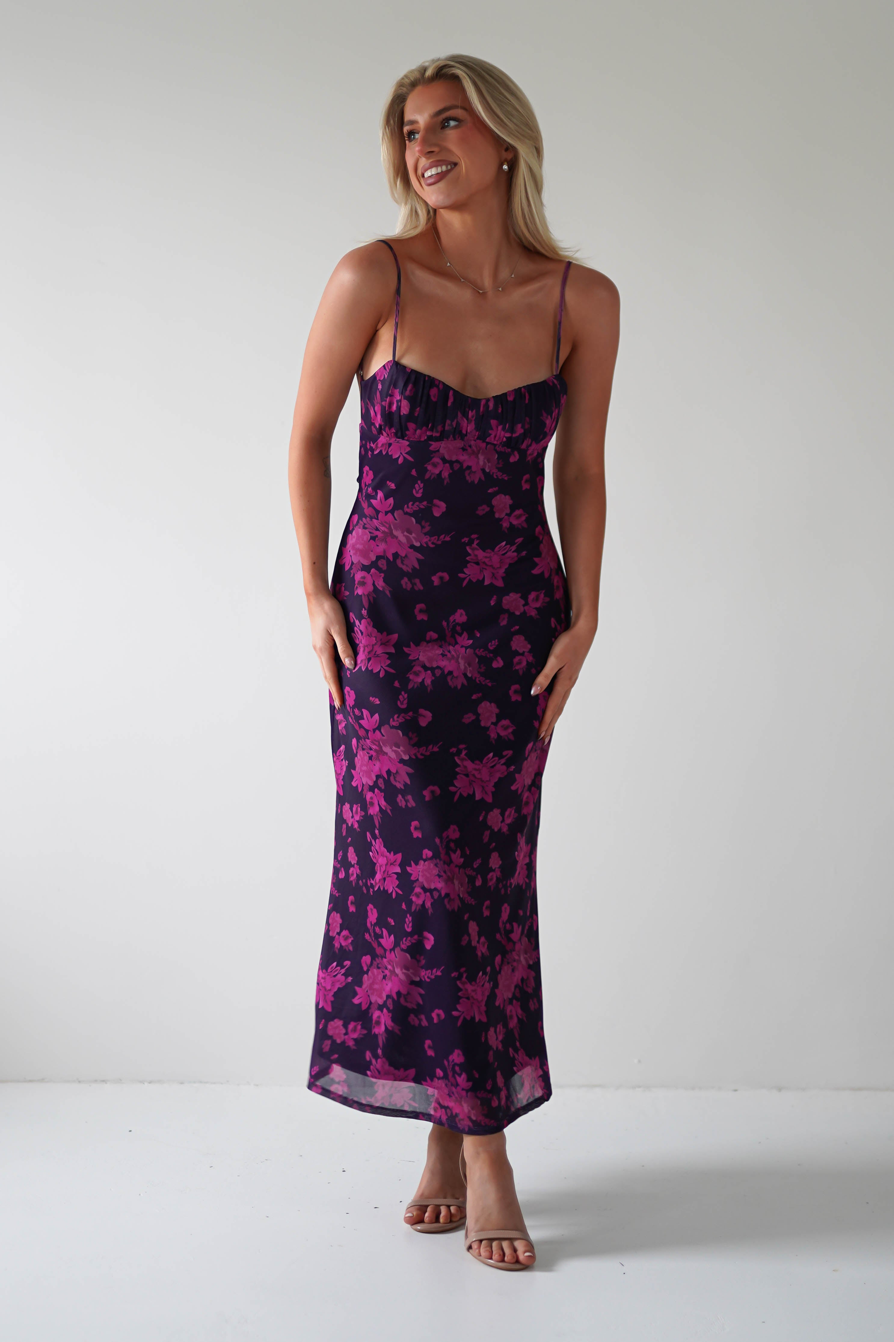Merlo Low Back Midaxi Dress Grape Print | Wedding Guest Dress | Oh Hello Clothing