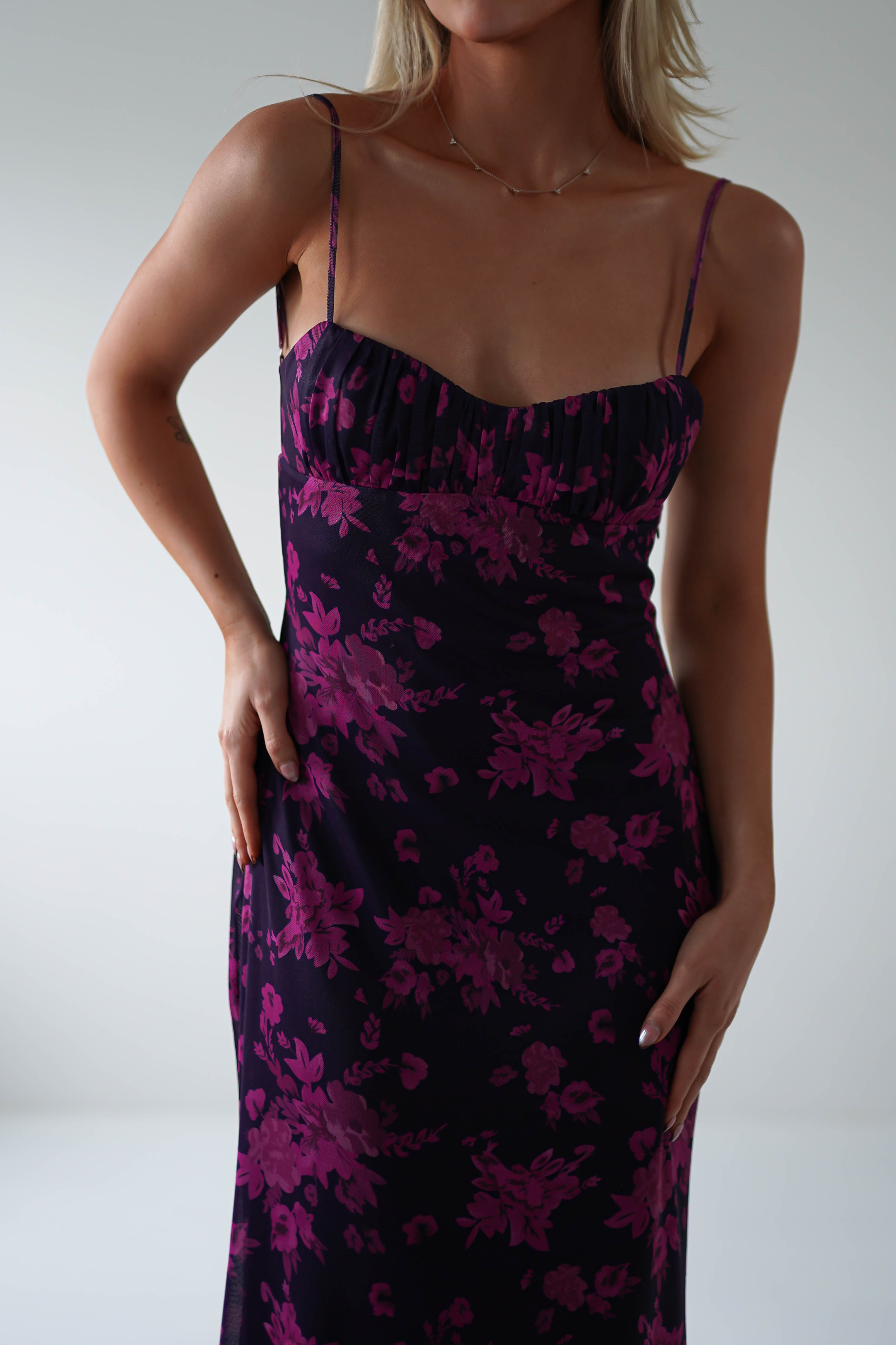 Merlo Low Back Midaxi Dress Grape Print | Wedding Guest Dress | Oh Hello Clothing