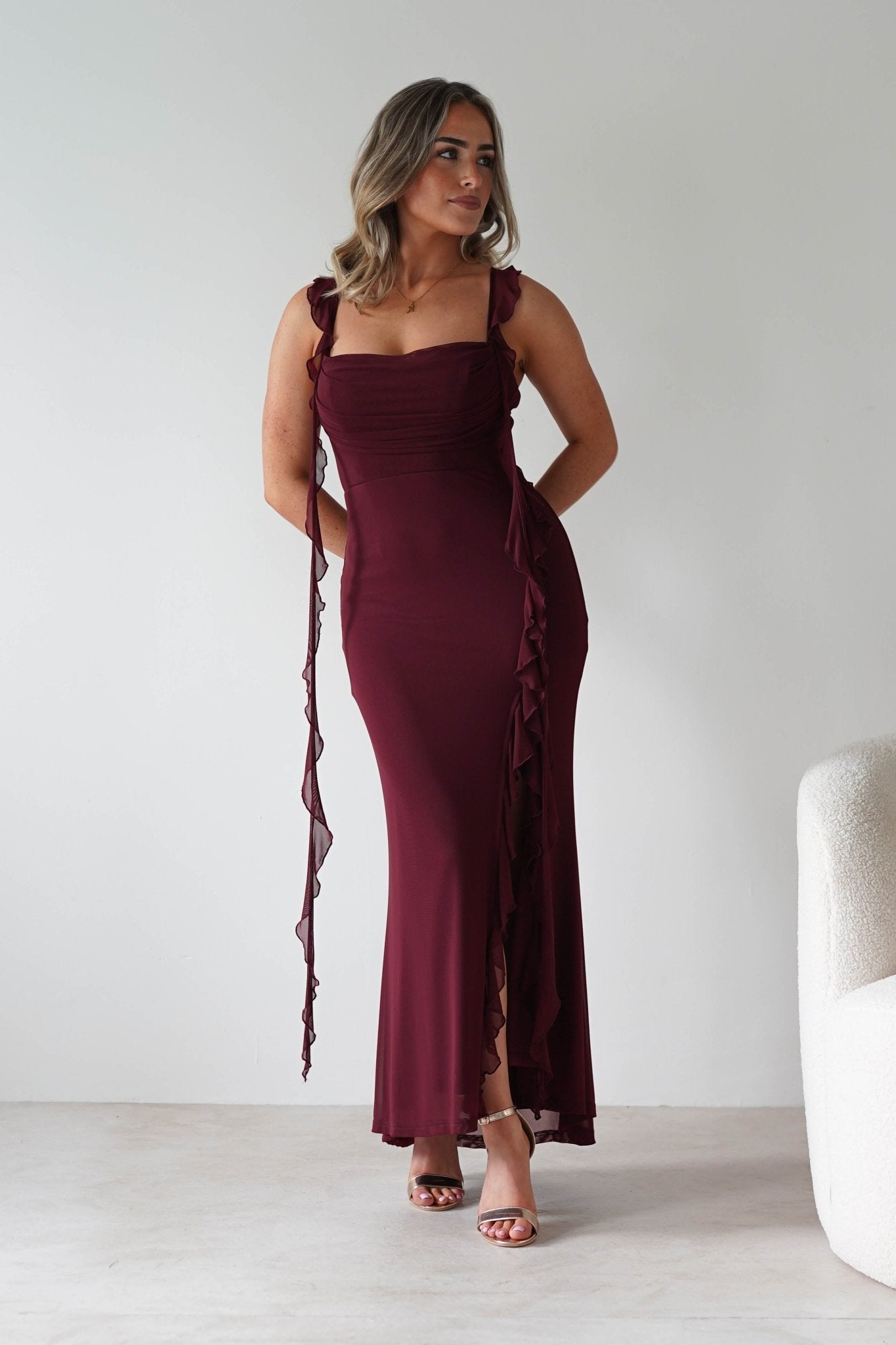 Mhissa Ruffle Maxi Dress Burgundy | Wedding Guest Dress | Maxi | Oh Hello Clothing