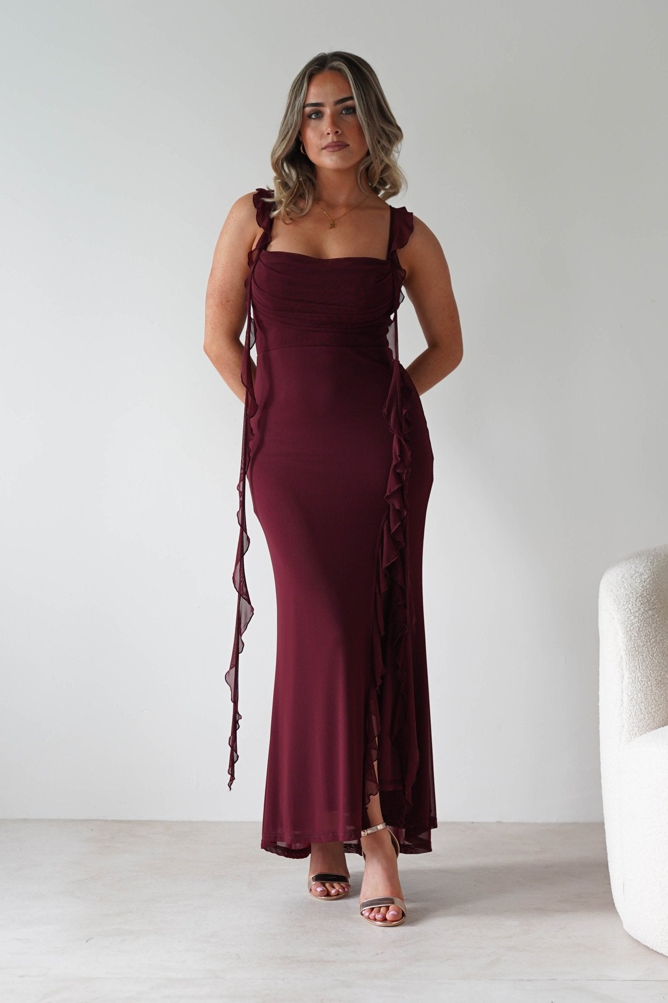 Mhissa Ruffle Maxi Dress Burgundy | Wedding Guest Dress | Maxi | Oh Hello Clothing