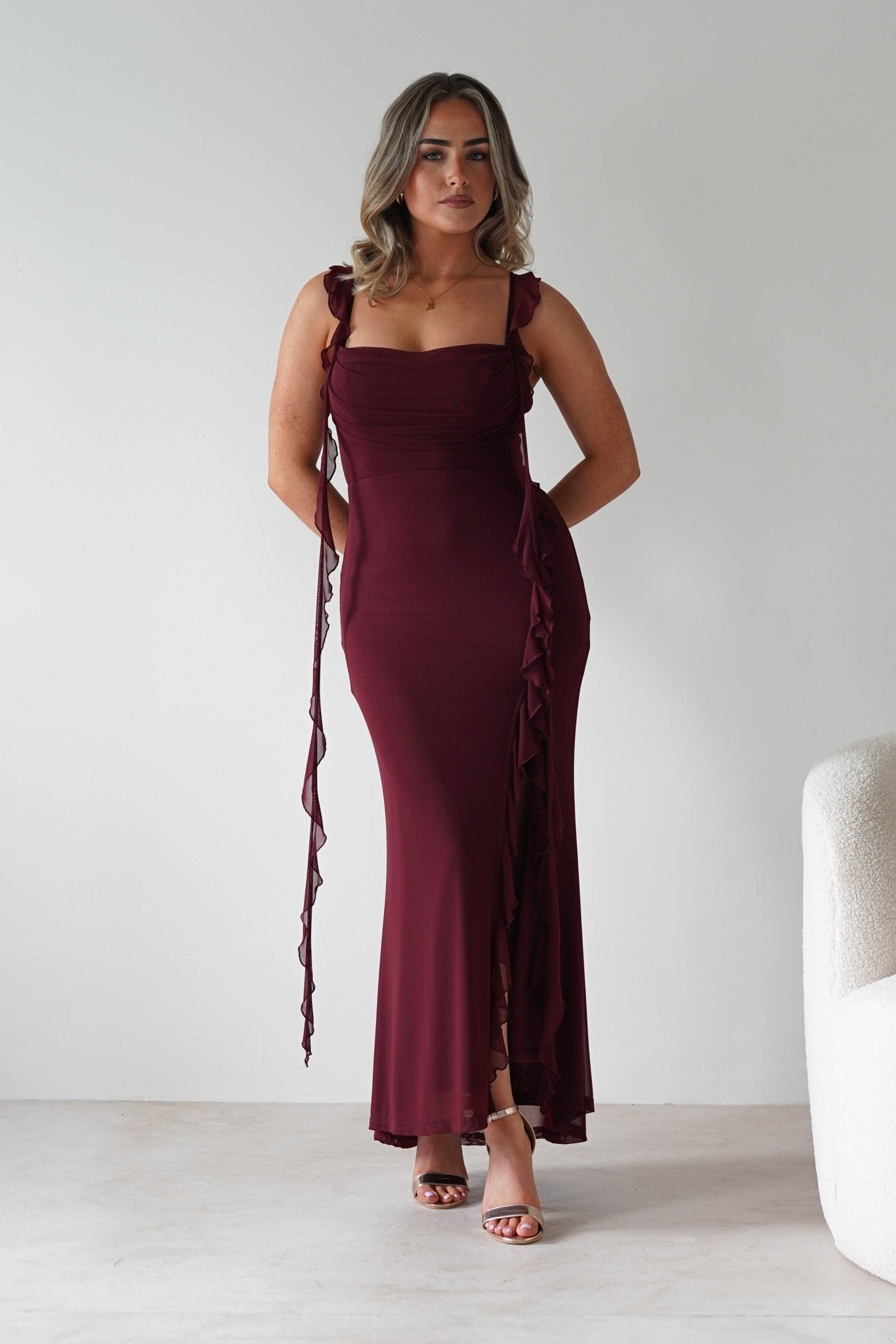 Mhissa Ruffle Maxi Dress Burgundy | Wedding Guest Dress | Maxi | Oh Hello Clothing