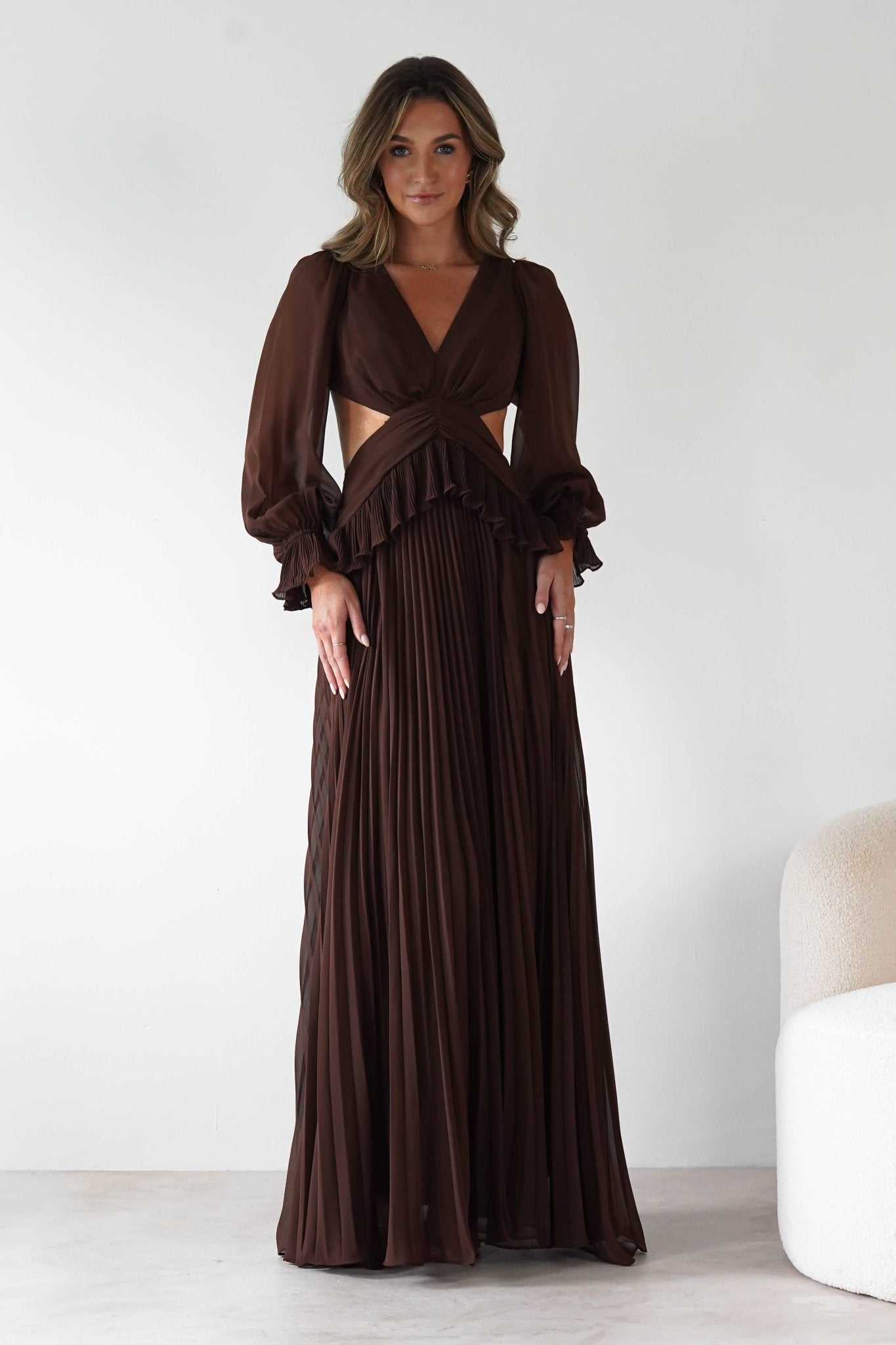 Middleton Pleated Maxi Dress Brown | Wedding Guest Dress | Pleated Skirt | Maxi | Oh Hello Clothing