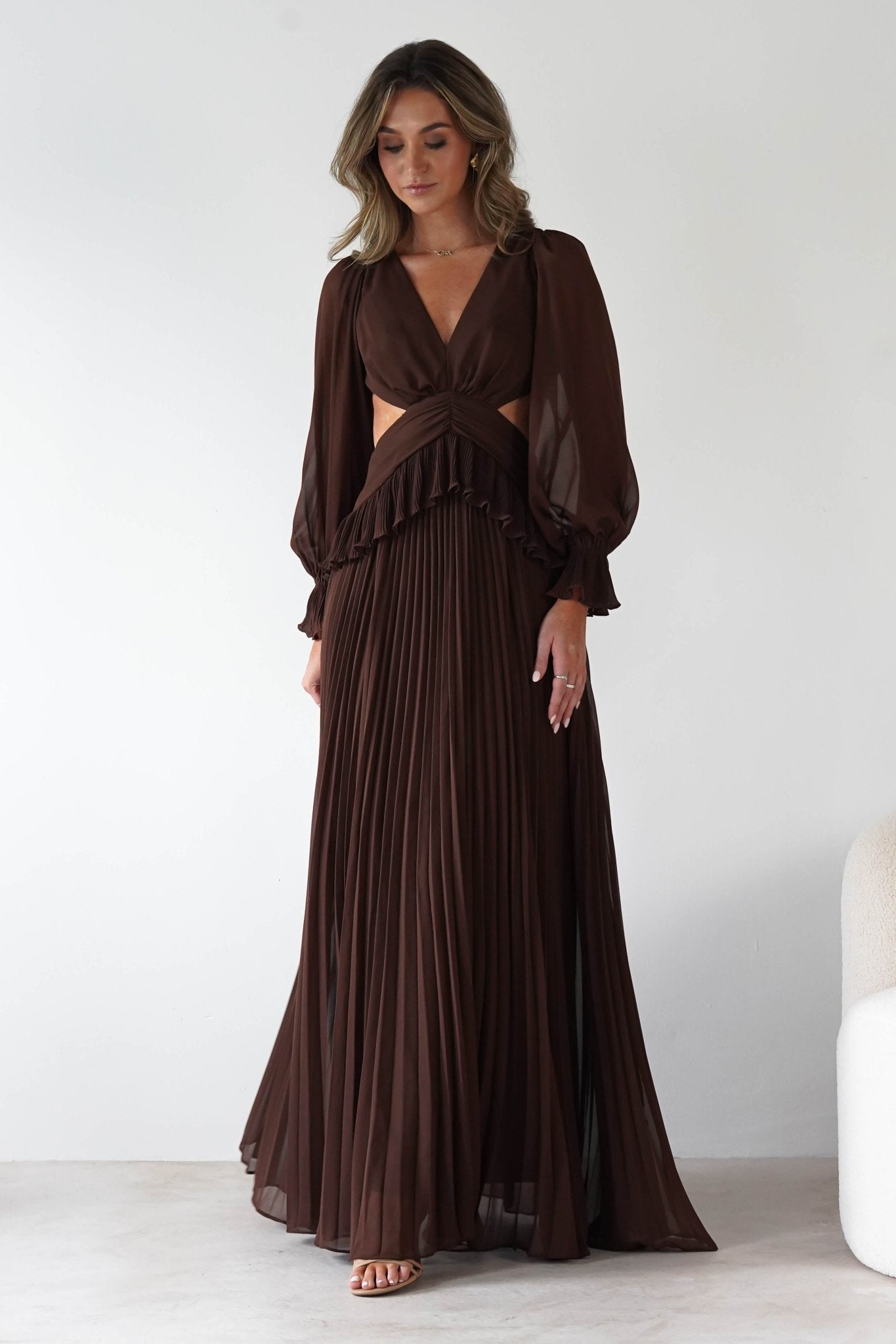 Middleton Pleated Maxi Dress Brown | Wedding Guest Dress | Pleated Skirt | Maxi | Oh Hello Clothing