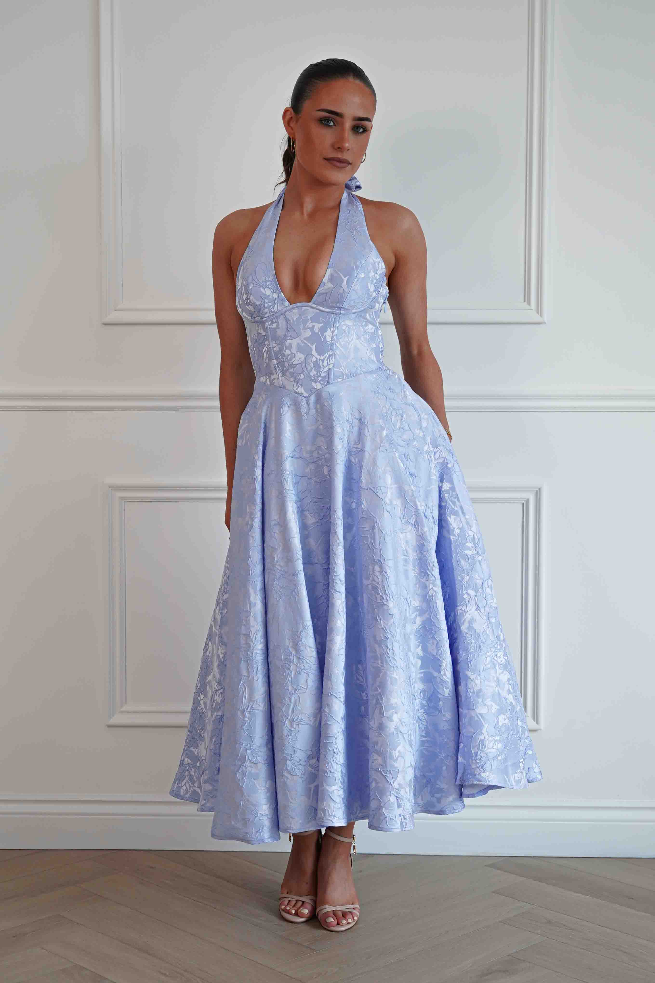 Oh Hello Clothing Women > Clothing > Dresses Mila Jacquard Plunge Midi Dress | Blue