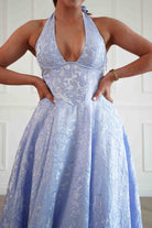 Oh Hello Clothing Women > Clothing > Dresses Mila Jacquard Plunge Midi Dress | Blue