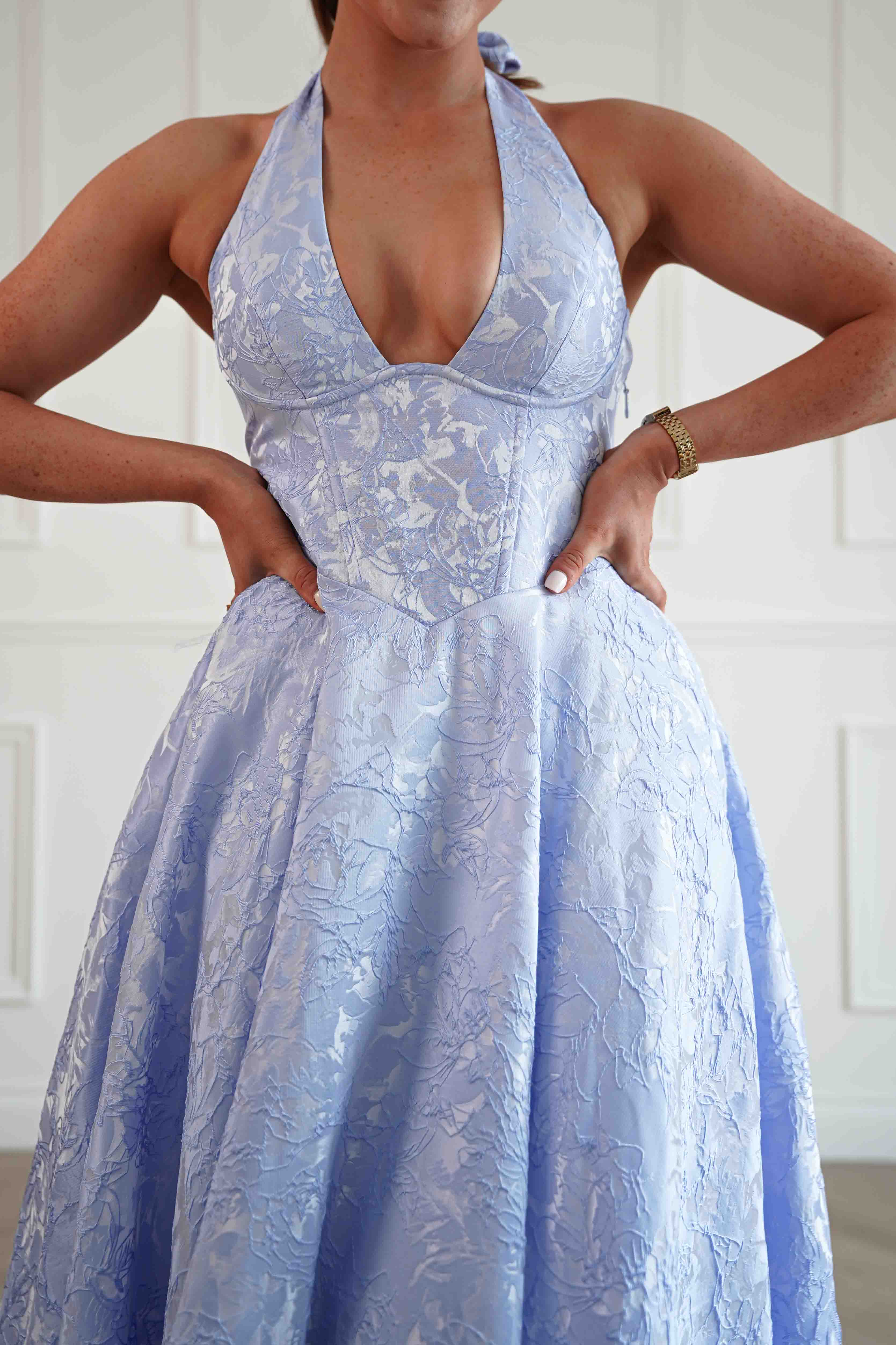 Oh Hello Clothing Women > Clothing > Dresses Mila Jacquard Plunge Midi Dress | Blue