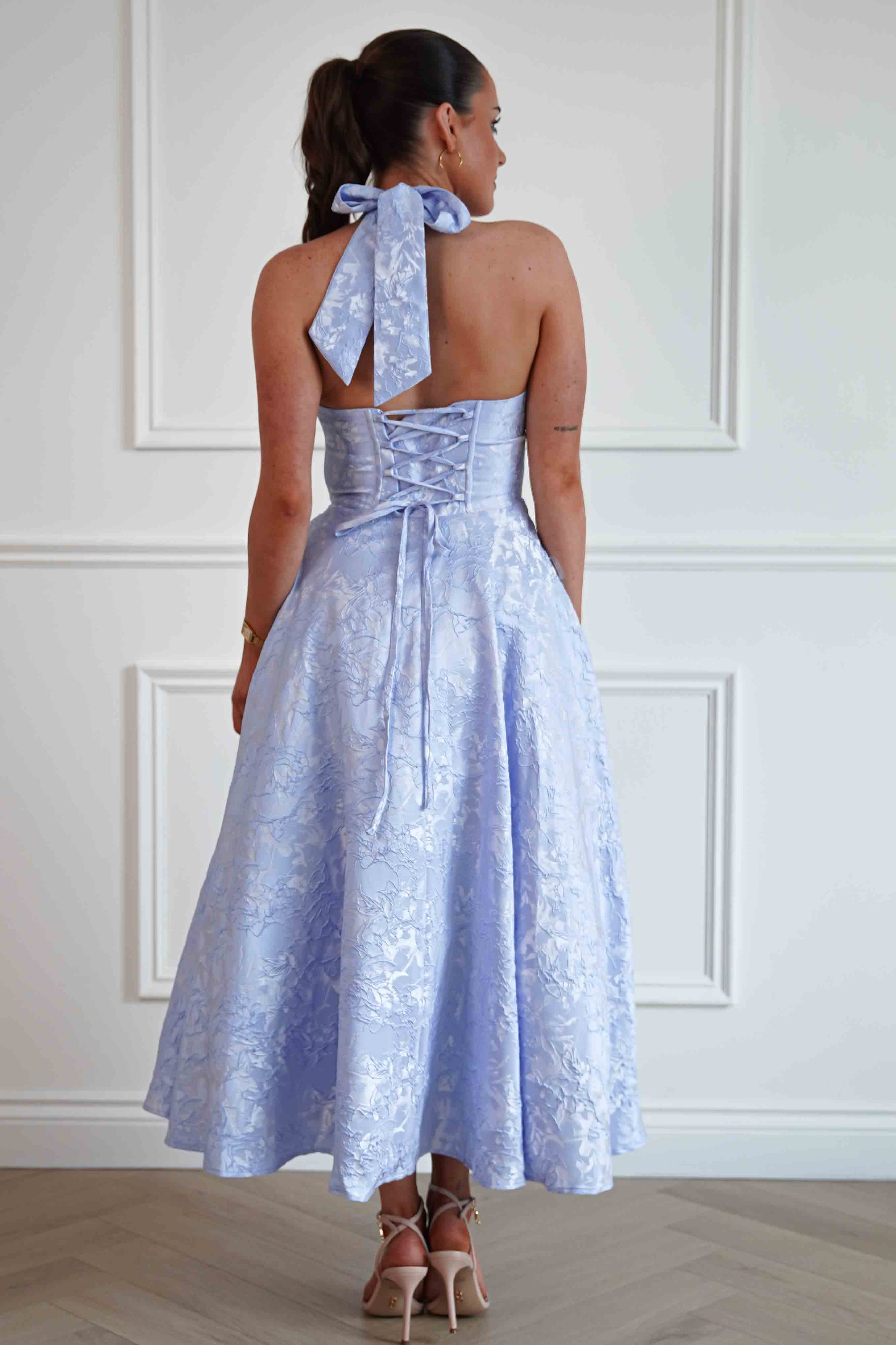 Oh Hello Clothing Women > Clothing > Dresses Mila Jacquard Plunge Midi Dress | Blue