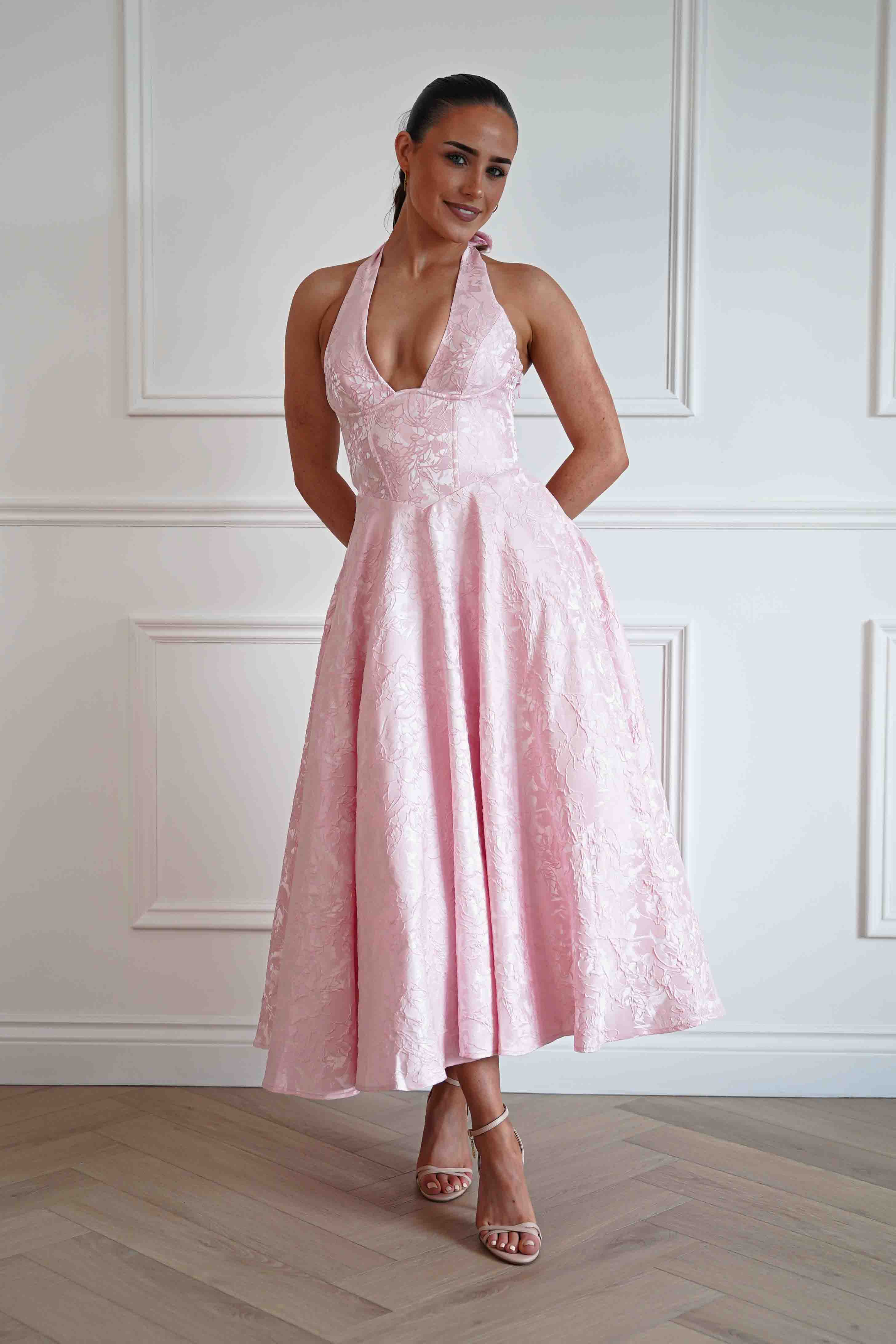 Oh Hello Clothing Women > Clothing > Dresses Mila Jacquard Plunge Midi Dress | Pink
