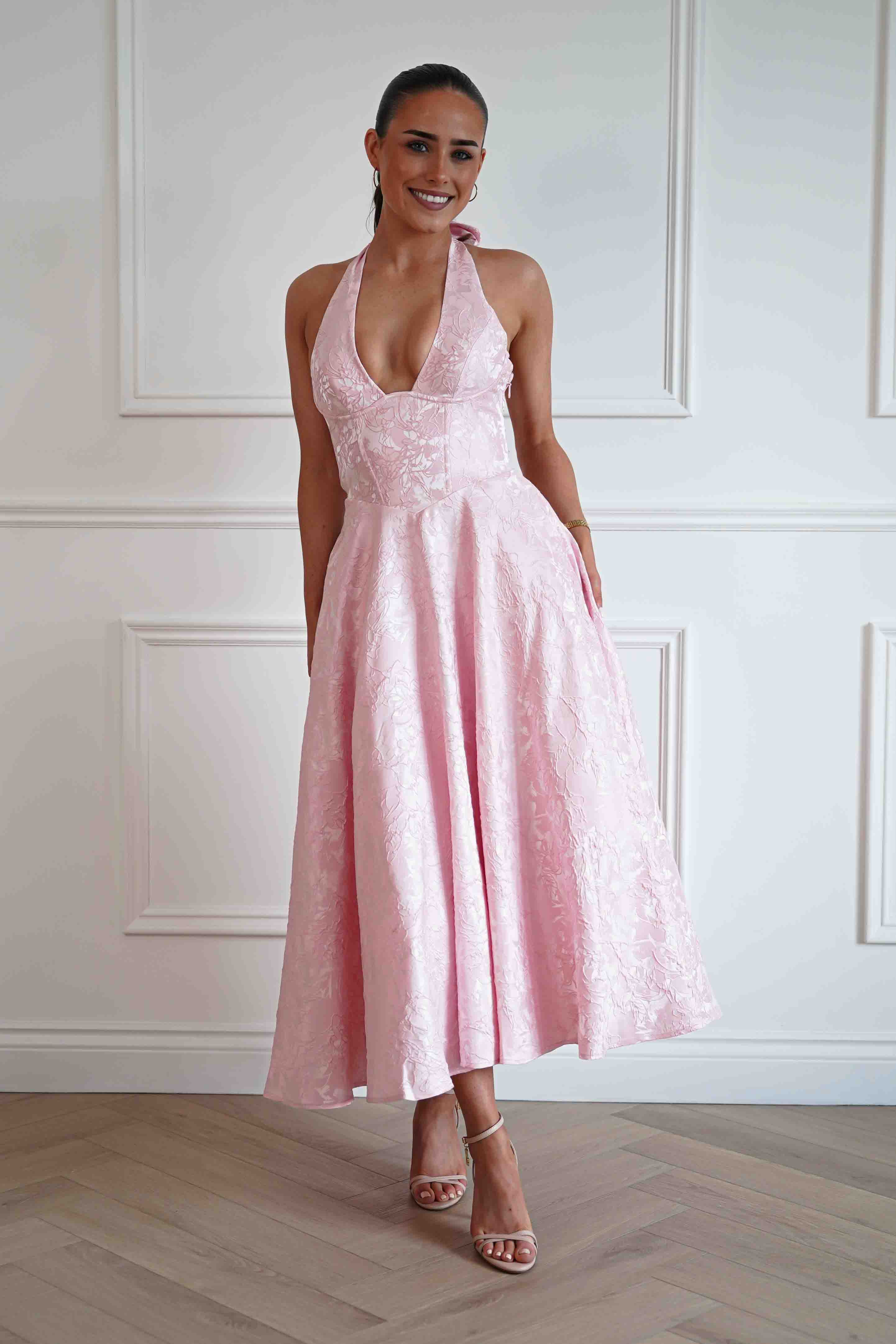 Oh Hello Clothing Women > Clothing > Dresses Mila Jacquard Plunge Midi Dress | Pink