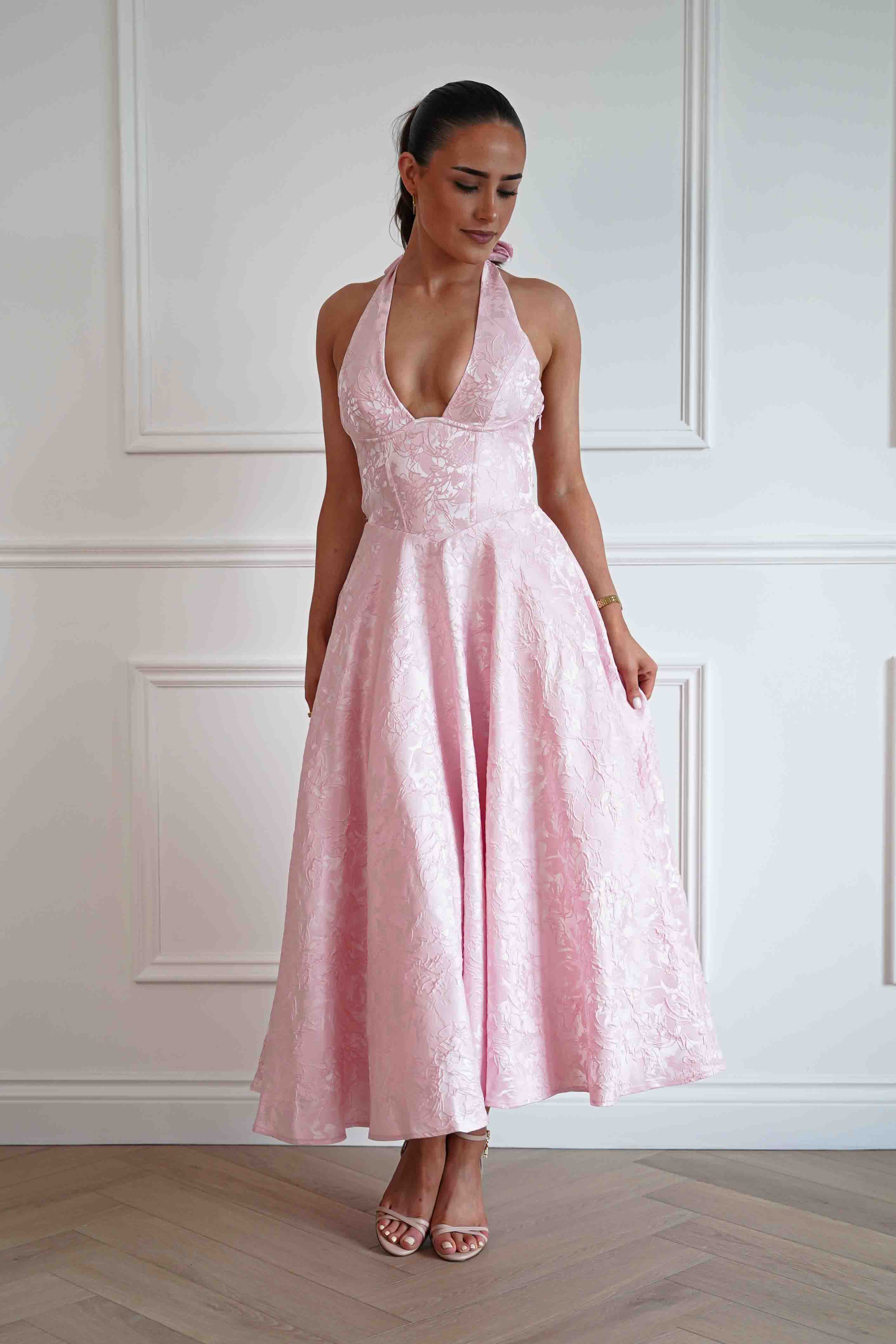 Oh Hello Clothing Women > Clothing > Dresses Mila Jacquard Plunge Midi Dress | Pink