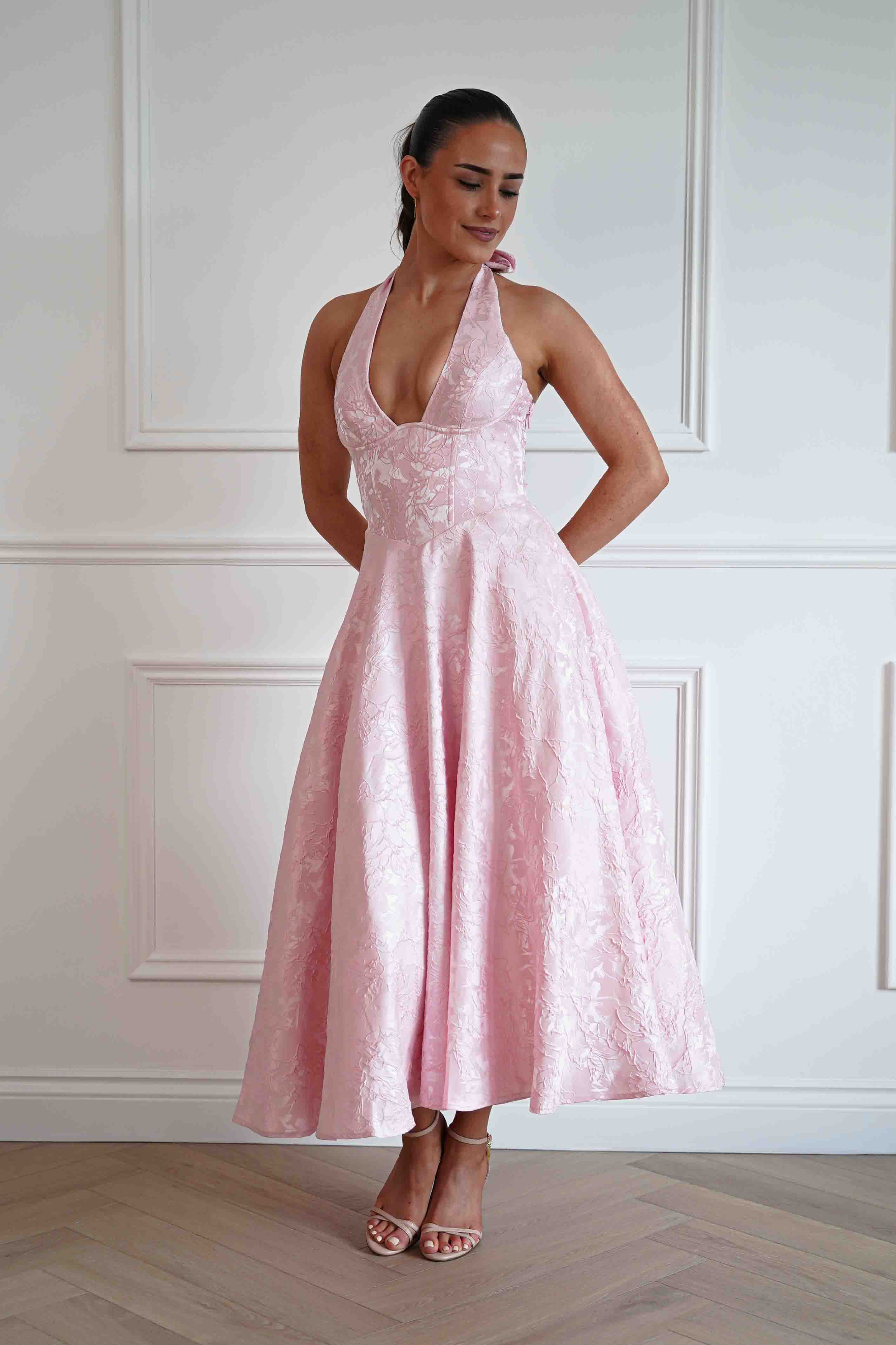 Oh Hello Clothing Women > Clothing > Dresses Mila Jacquard Plunge Midi Dress | Pink