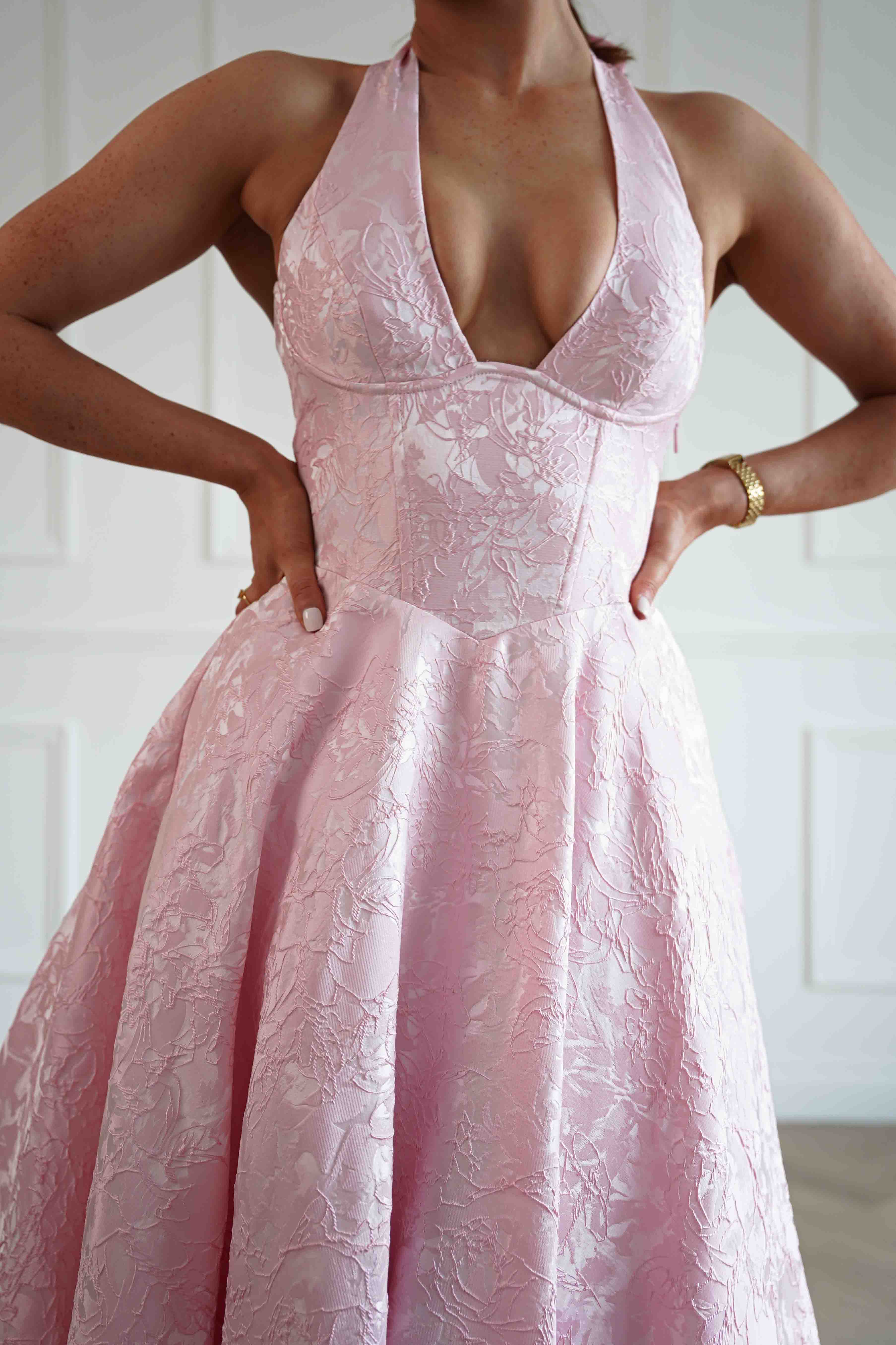 Oh Hello Clothing Women > Clothing > Dresses Mila Jacquard Plunge Midi Dress | Pink