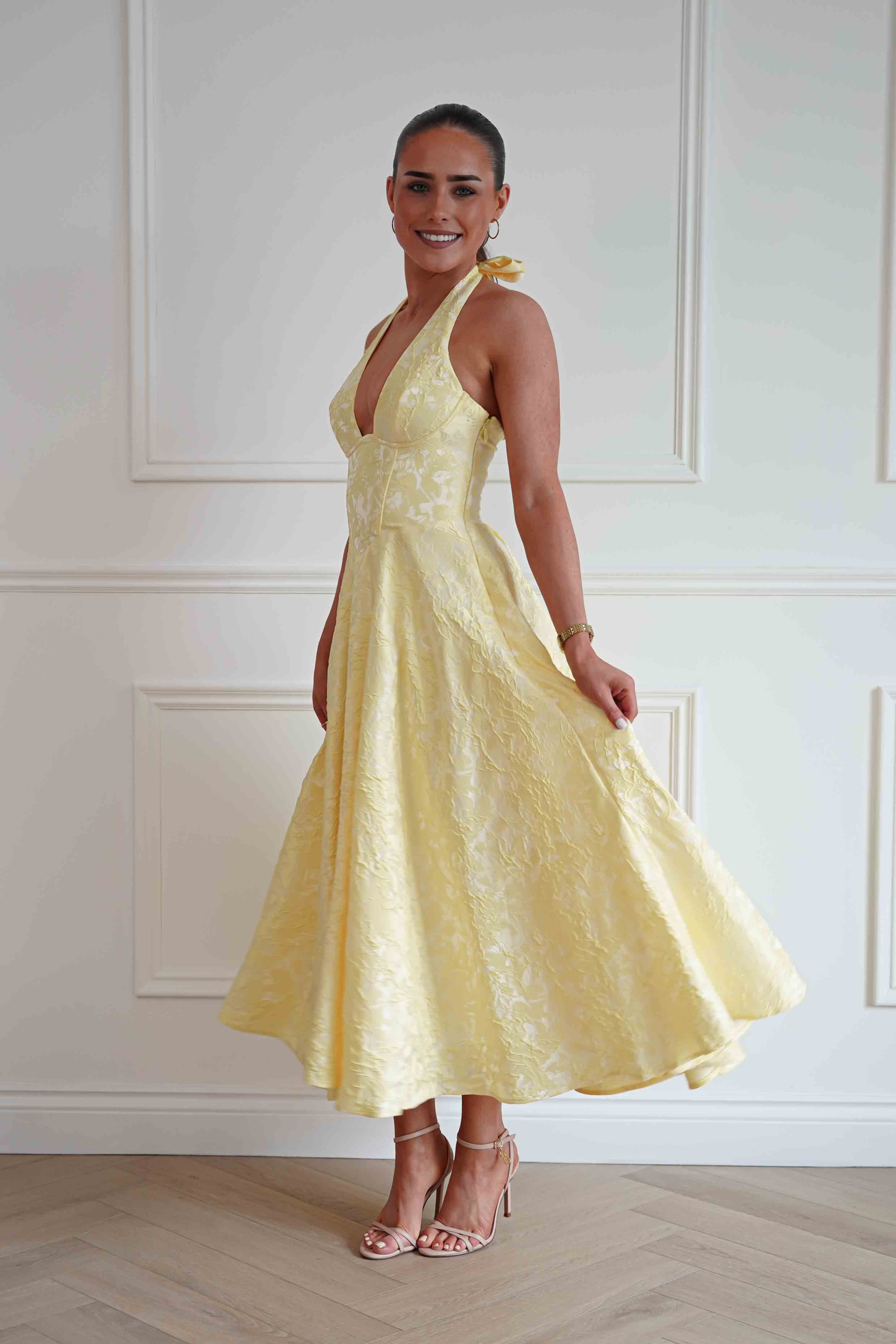 Oh Hello Clothing Women > Clothing > Dresses Mila Jacquard Plunge Midi Dress | Yellow