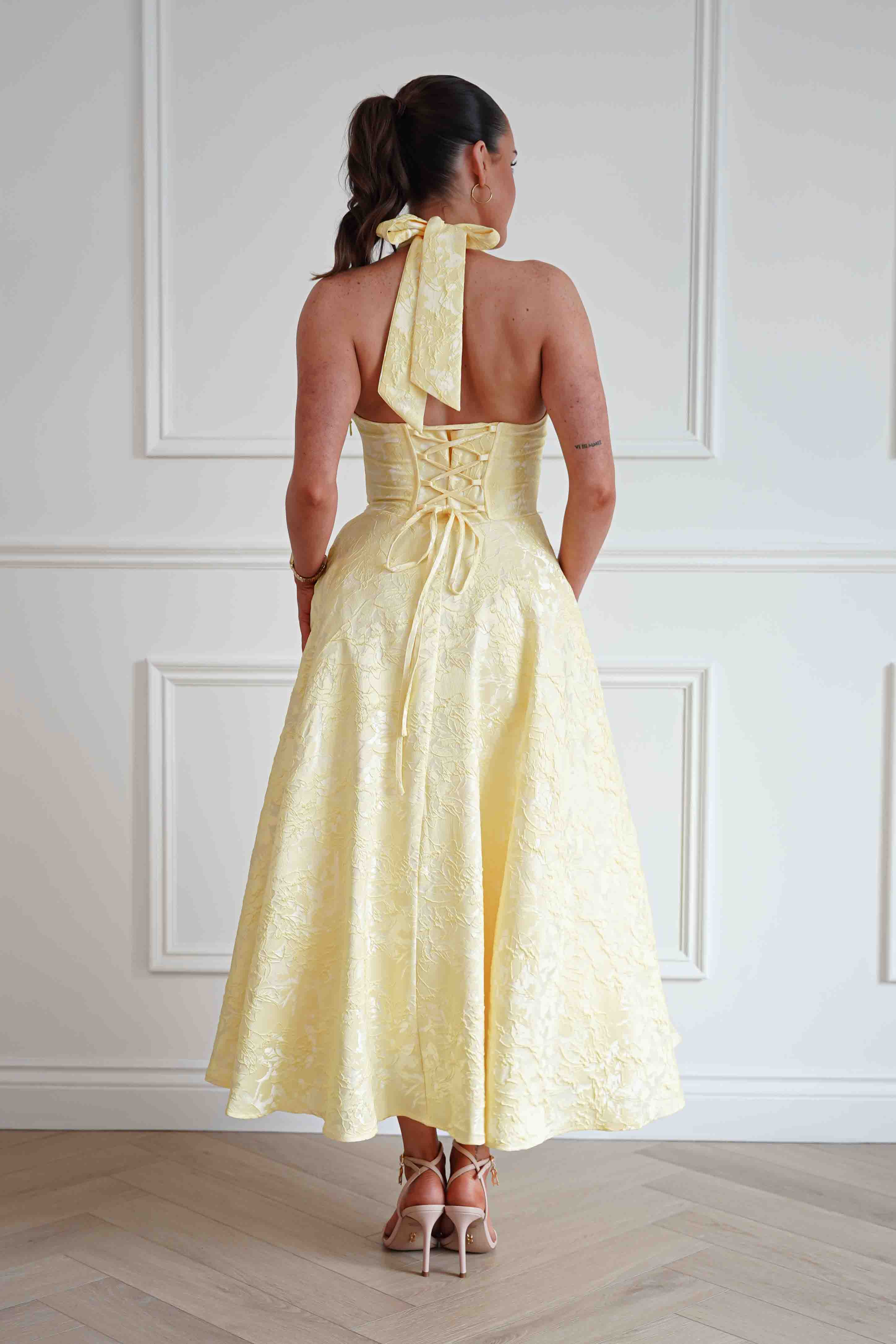 Oh Hello Clothing Women > Clothing > Dresses Mila Jacquard Plunge Midi Dress | Yellow