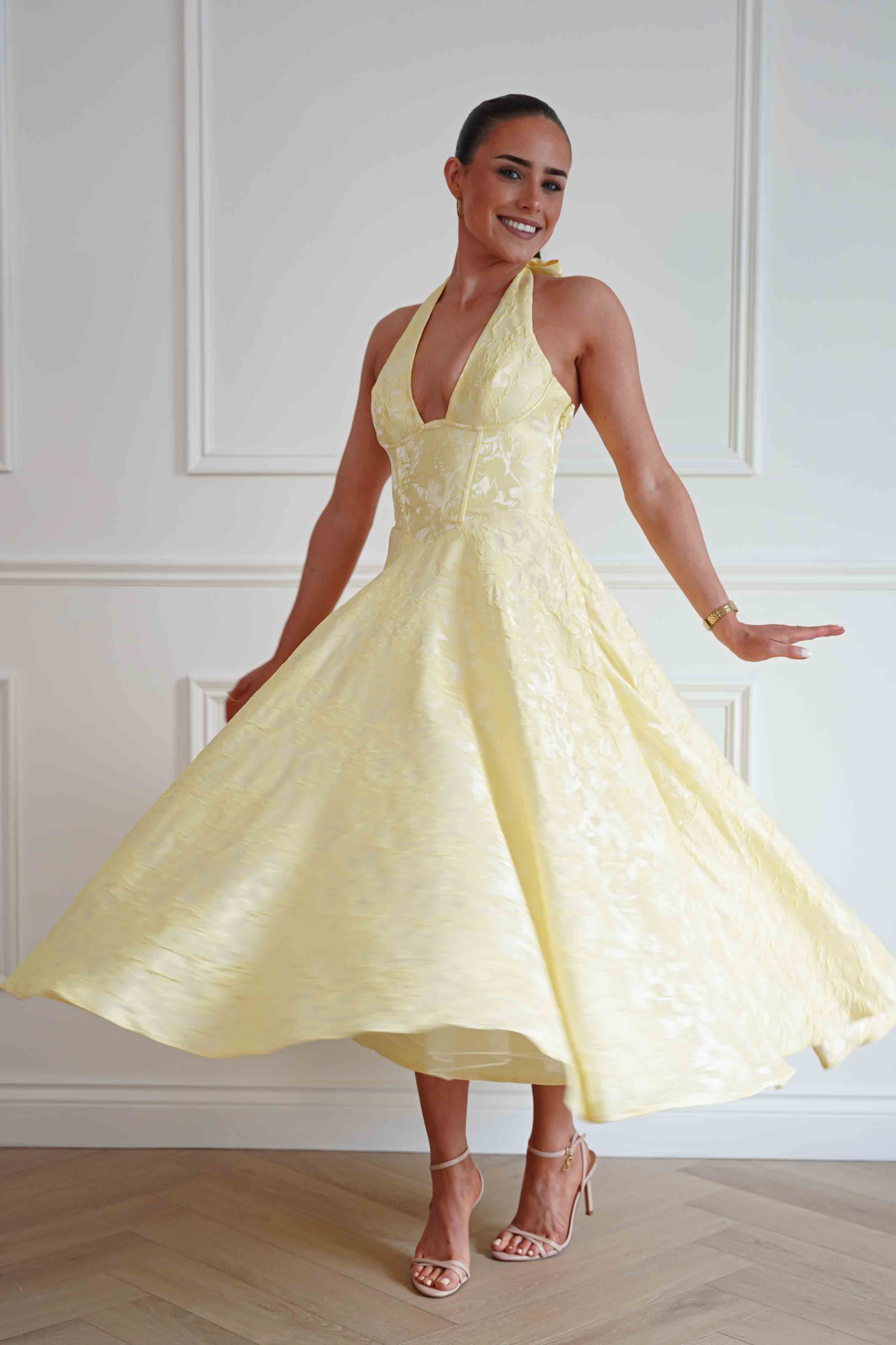Oh Hello Clothing Women > Clothing > Dresses Mila Jacquard Plunge Midi Dress | Yellow