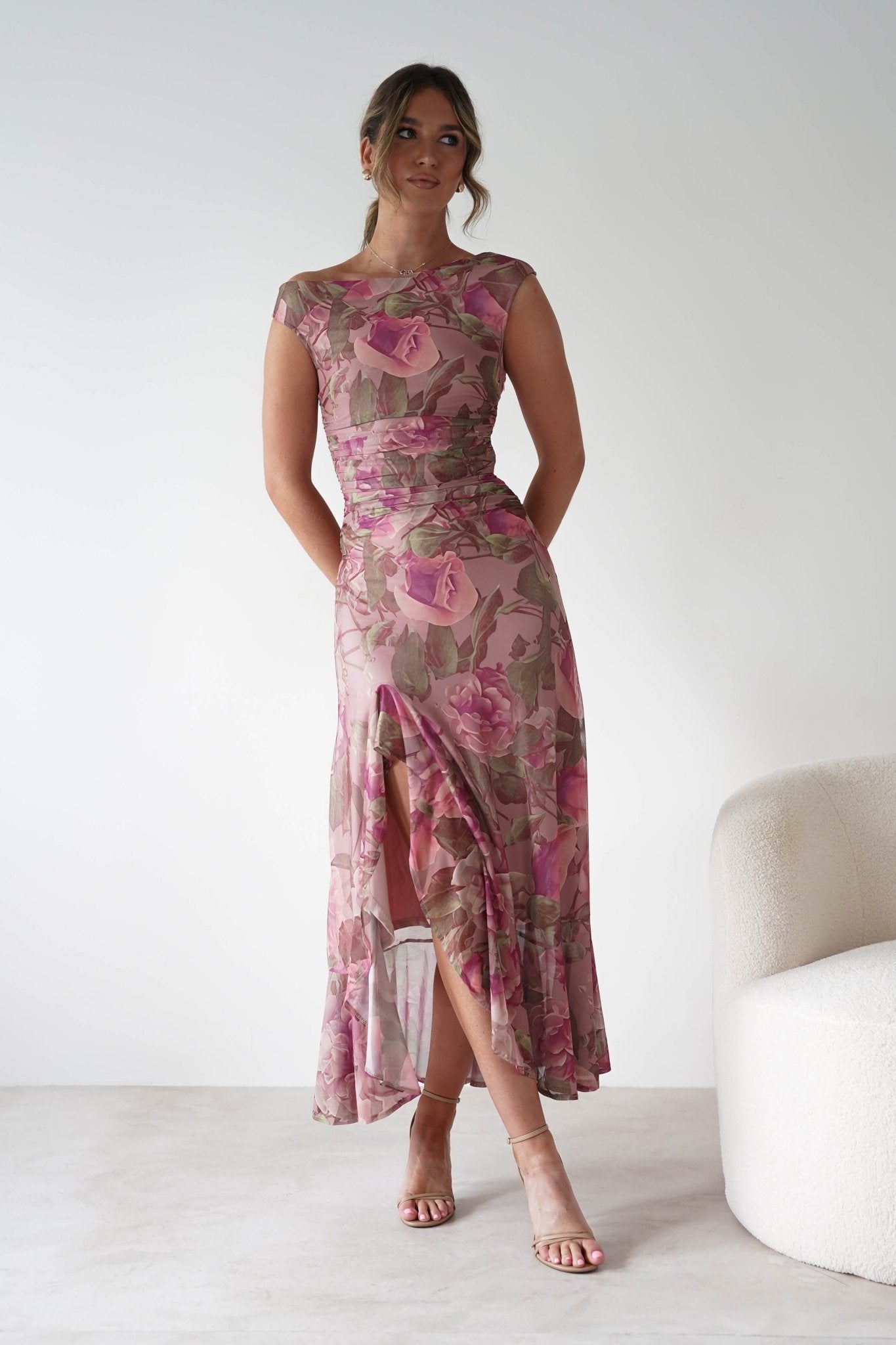 Milla Mesh Floral Bodycon Maxi Dress Blush | Wedding Guest Dress | Bodycon | Maxi | Oh Hello Clothing