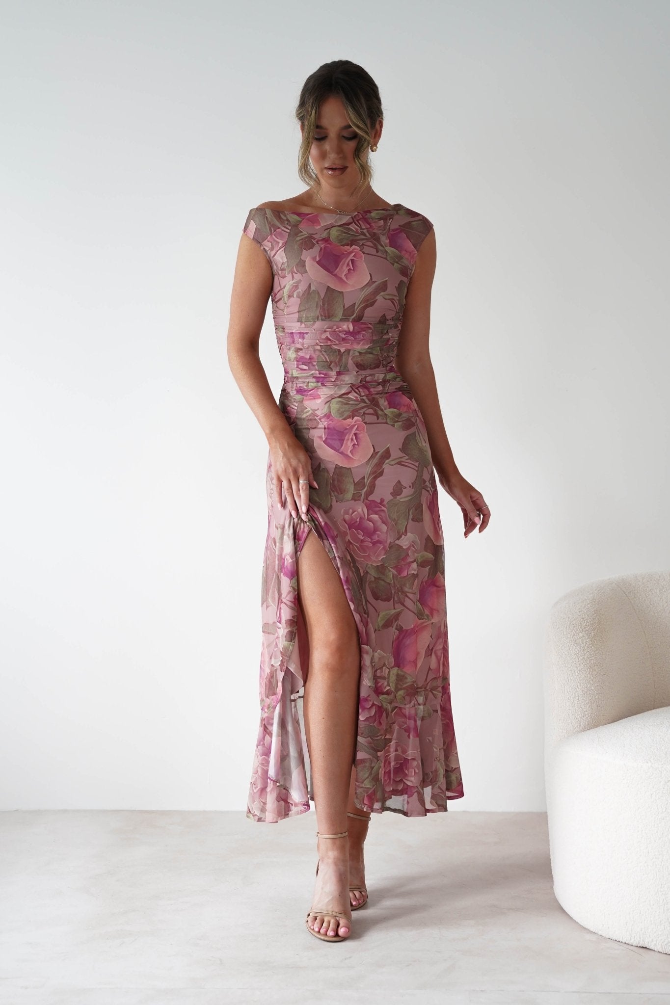 Milla Mesh Floral Bodycon Maxi Dress Blush | Wedding Guest Dress | Bodycon | Maxi | Oh Hello Clothing