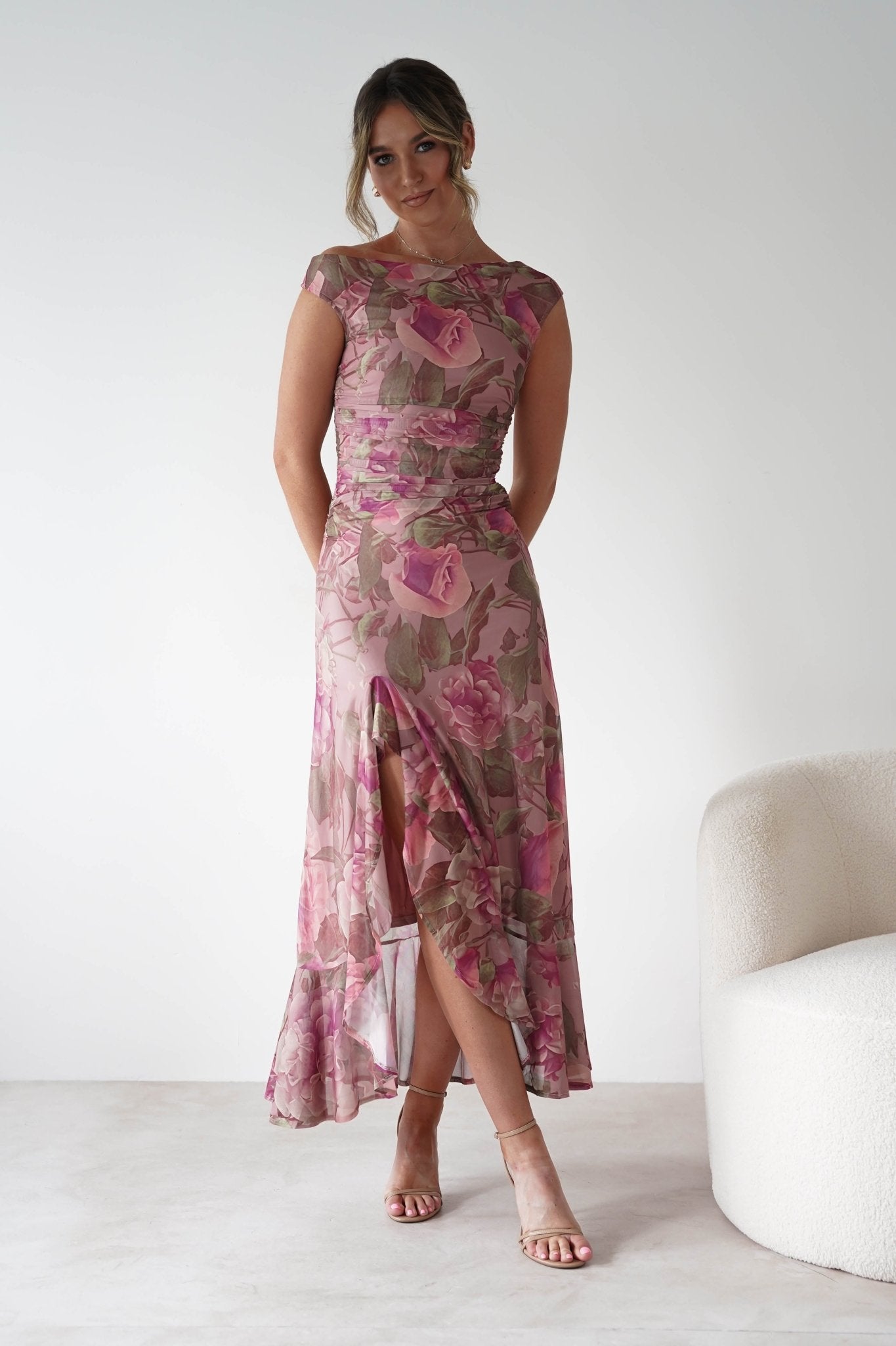 Milla Mesh Floral Bodycon Maxi Dress Blush | Wedding Guest Dress | Bodycon | Maxi | Oh Hello Clothing