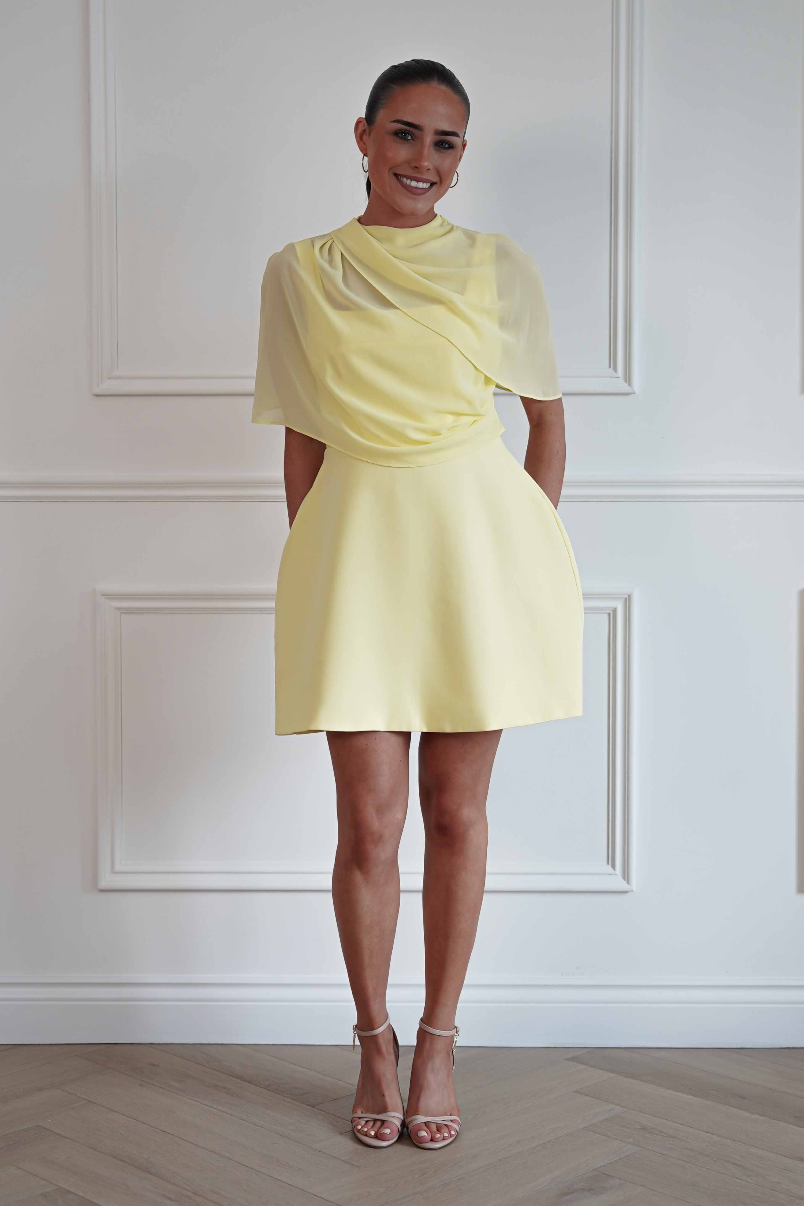 Oh Hello Clothing Women > Clothing > Dresses Millie Structured Chiffon Cape Mini Dress | Yellow