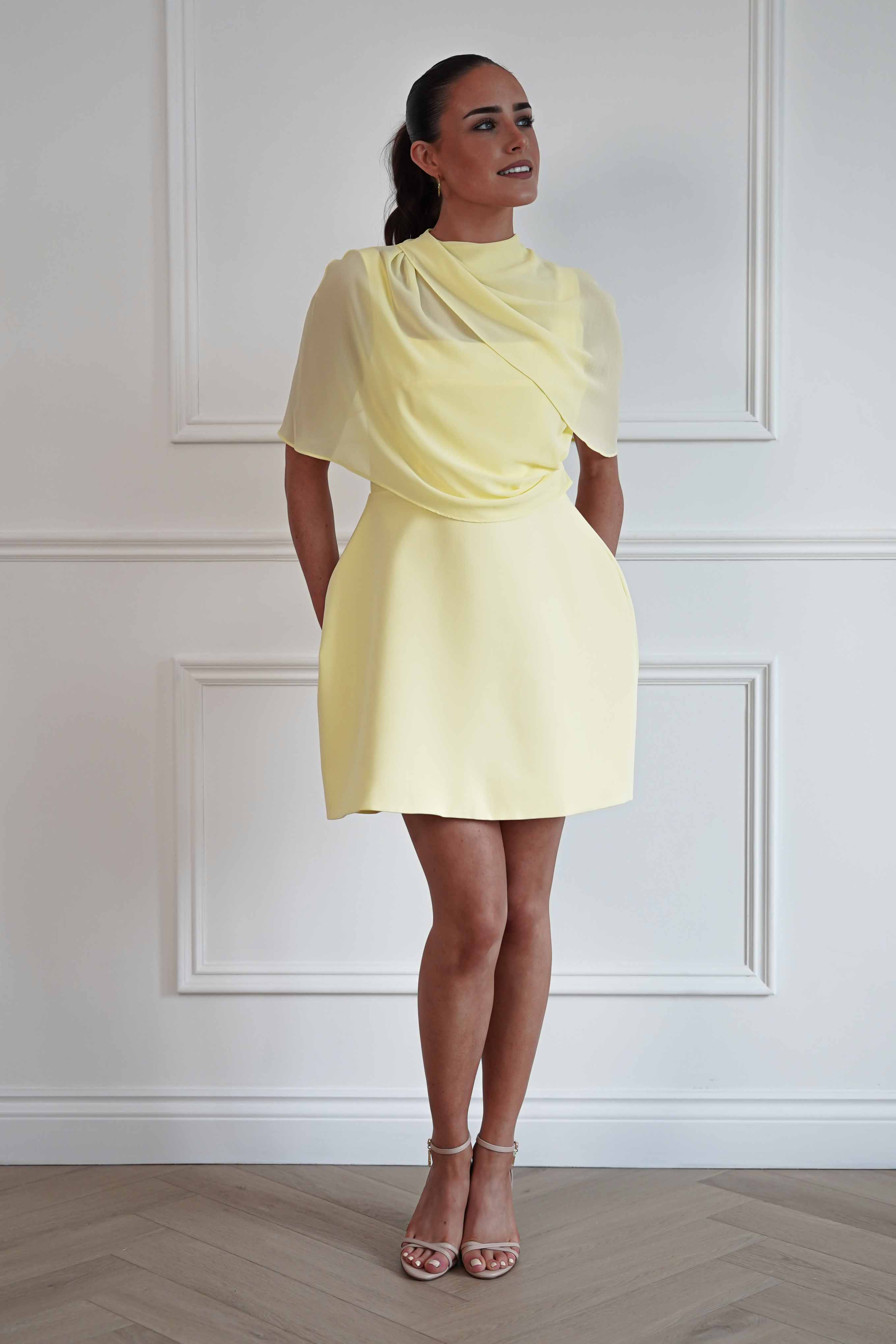 Oh Hello Clothing Women > Clothing > Dresses Millie Structured Chiffon Cape Mini Dress | Yellow