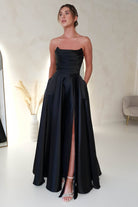 Miya Corset A-Line Satin Gown | Black | Debs & Prom | Formal Gown | Oh Hello Clothing