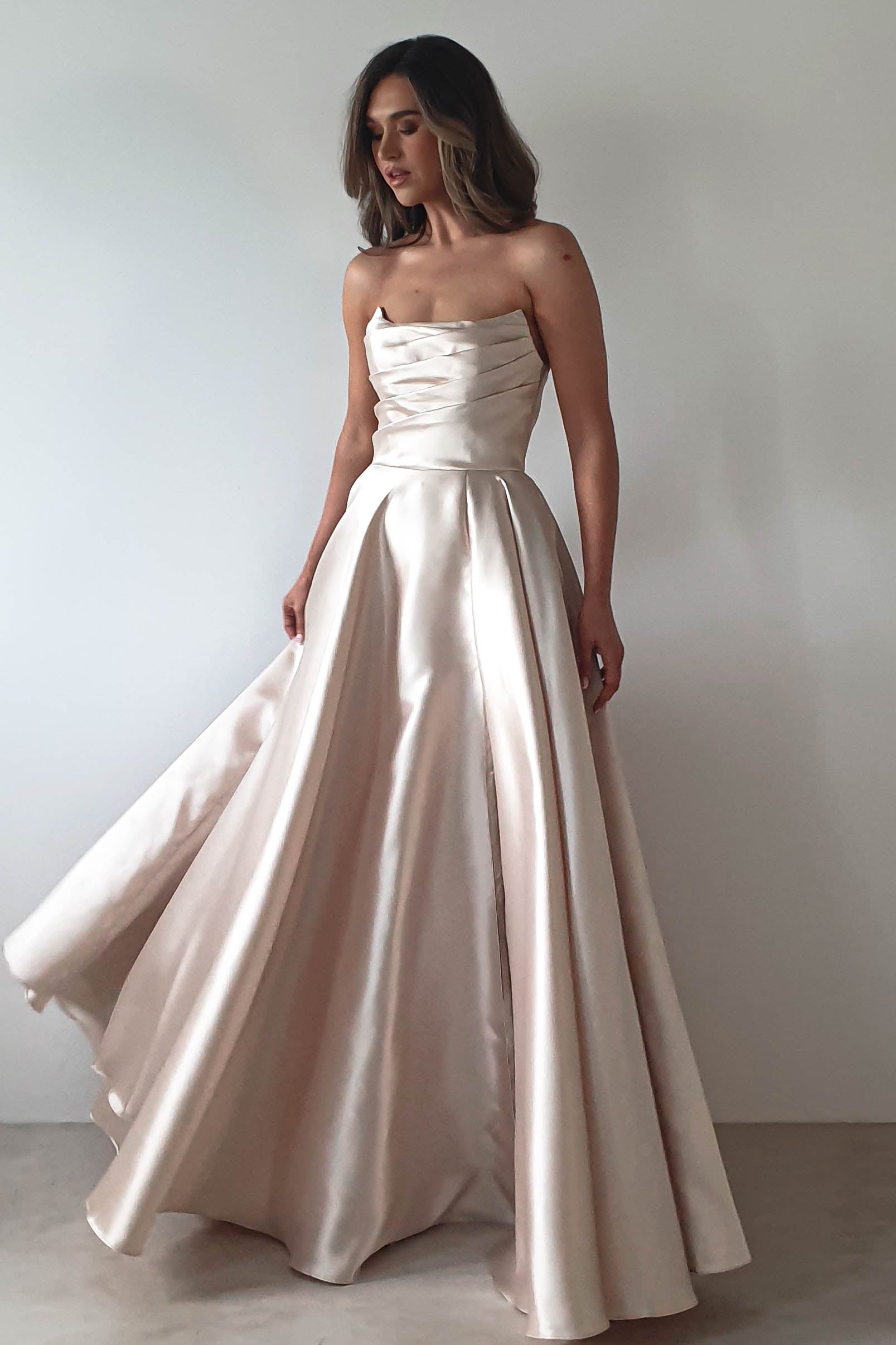 Miya Corset A-Line Satin Gown | Champagne | Debs & Prom | Formal Gown | Oh Hello Clothing