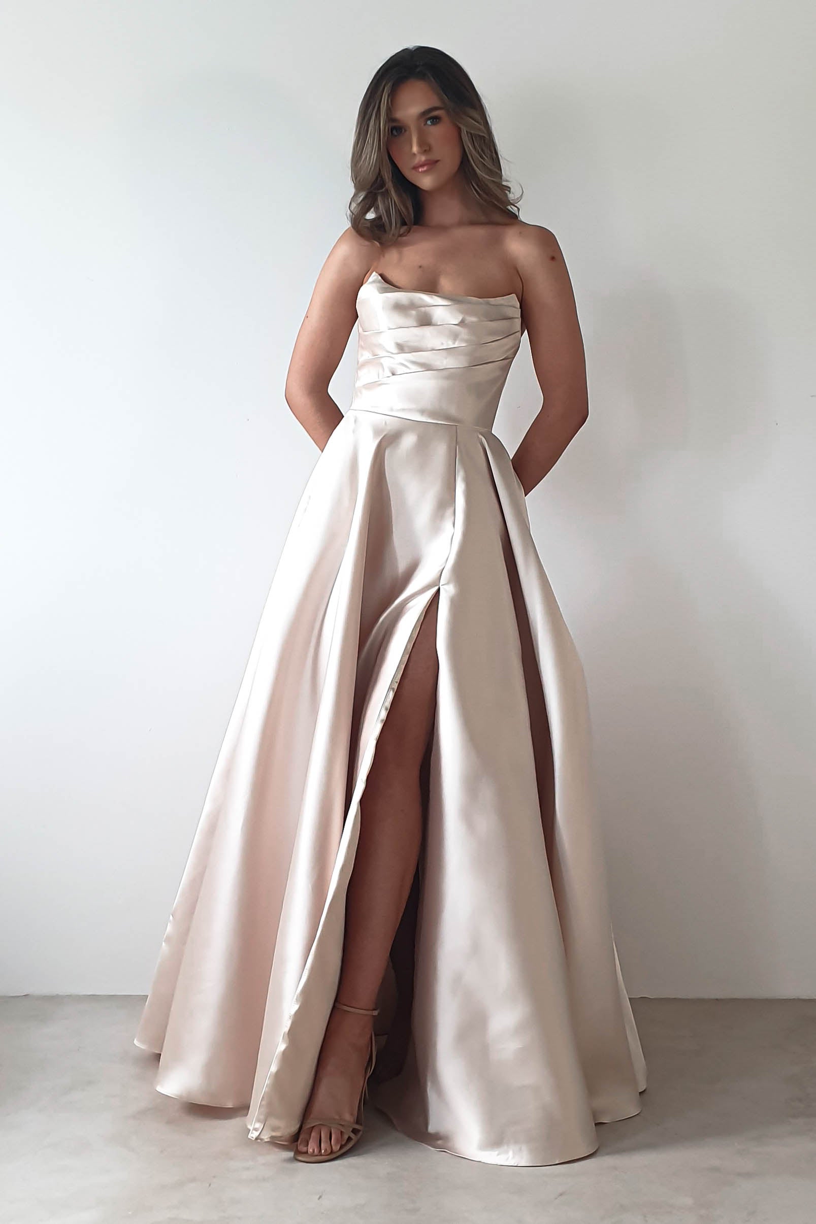 Miya Corset A-Line Satin Gown | Champagne | Debs & Prom | Formal Gown | Oh Hello Clothing