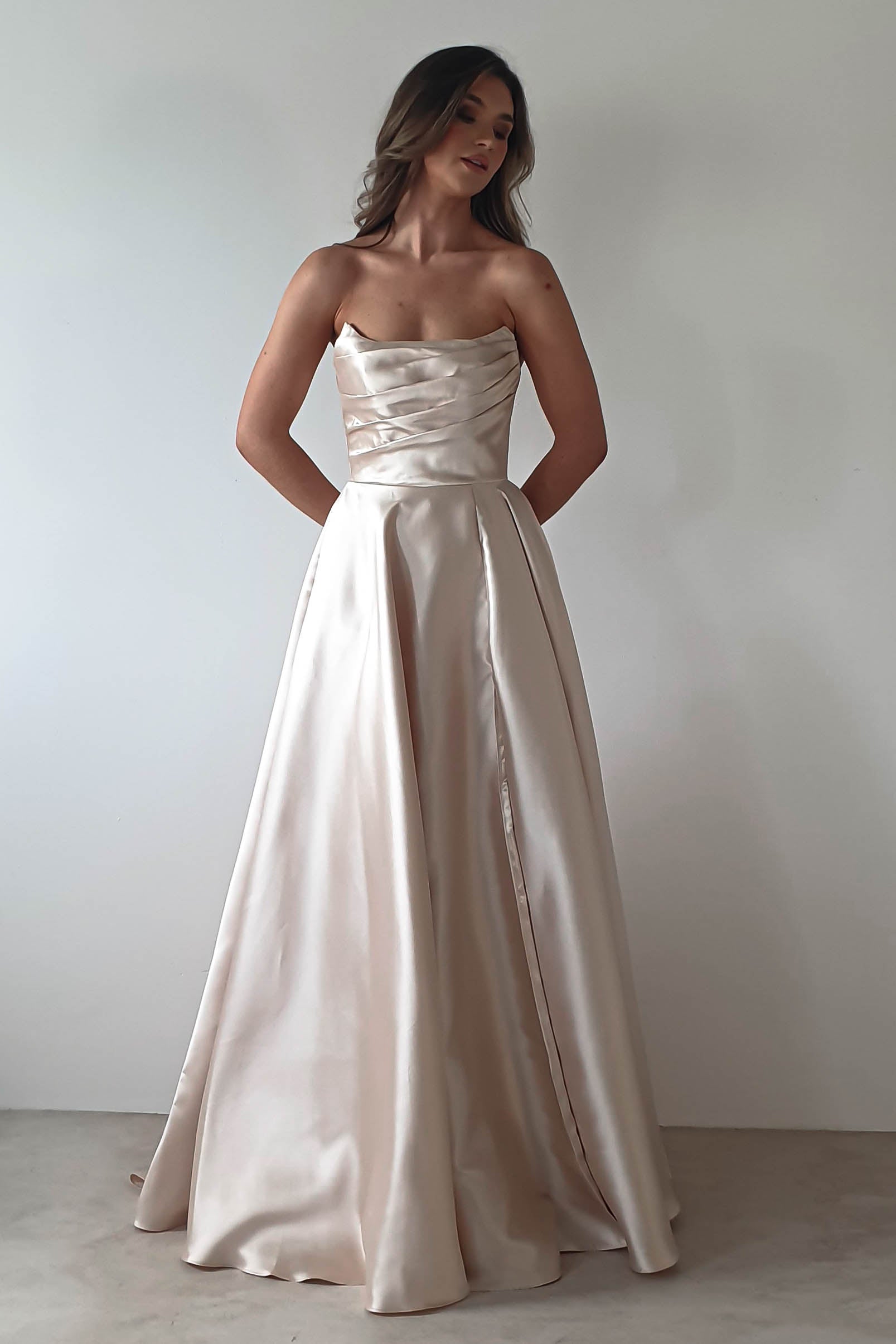 Miya Corset A-Line Satin Gown | Champagne | Debs & Prom | Formal Gown | Oh Hello Clothing