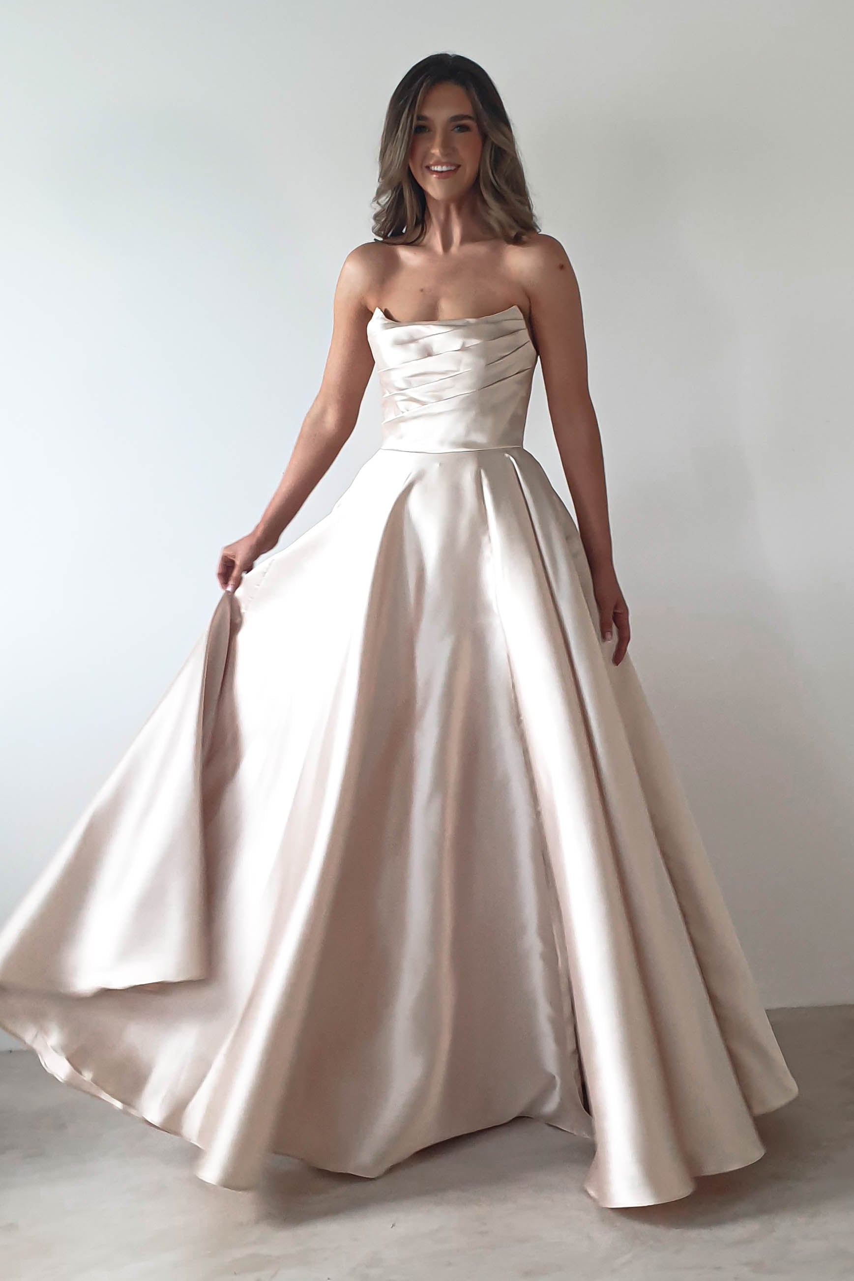 Miya Corset A-Line Satin Gown | Champagne | Debs & Prom | Formal Gown | Oh Hello Clothing