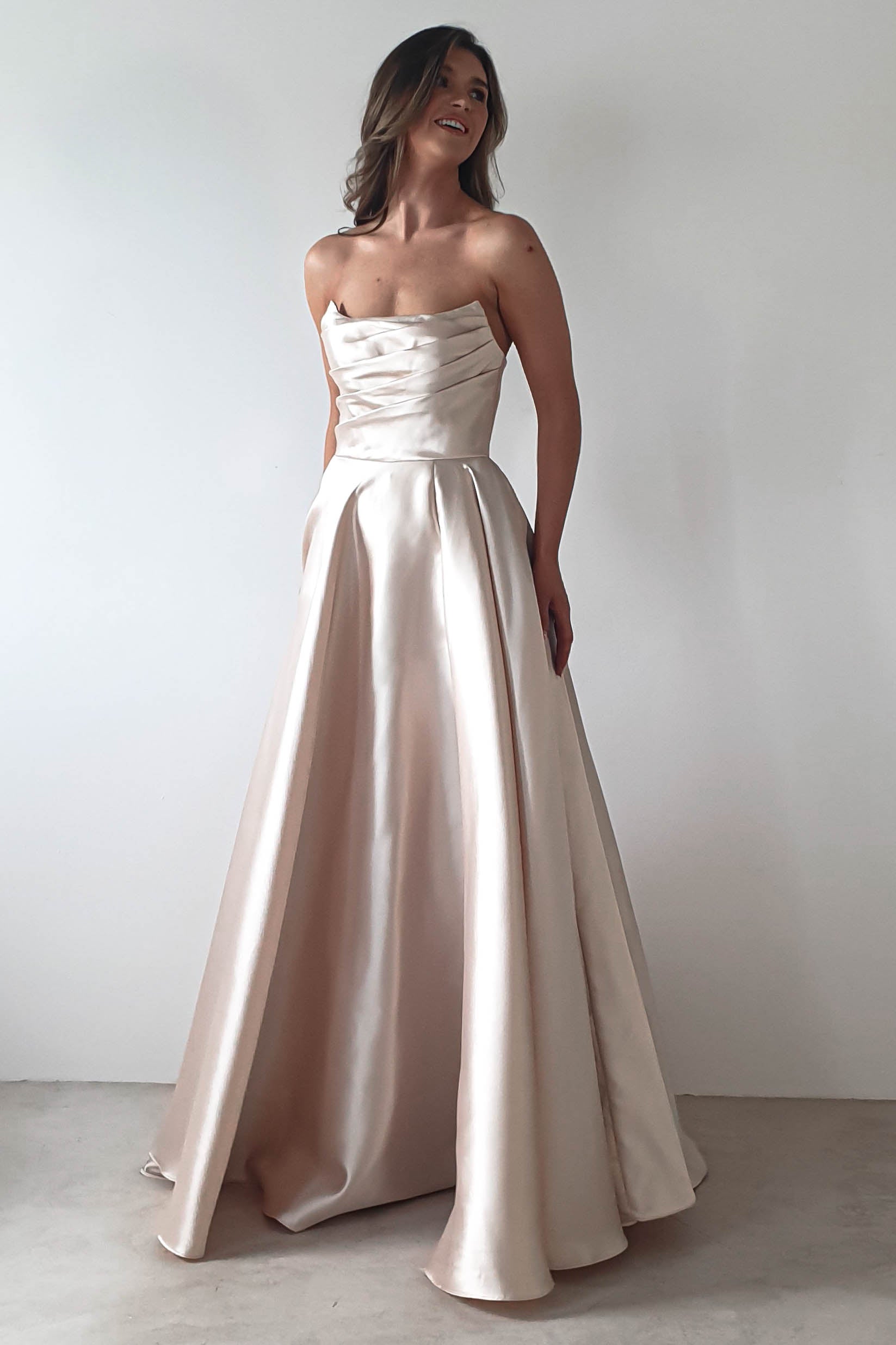 Miya Corset A-Line Satin Gown | Champagne | Debs & Prom | Formal Gown | Oh Hello Clothing