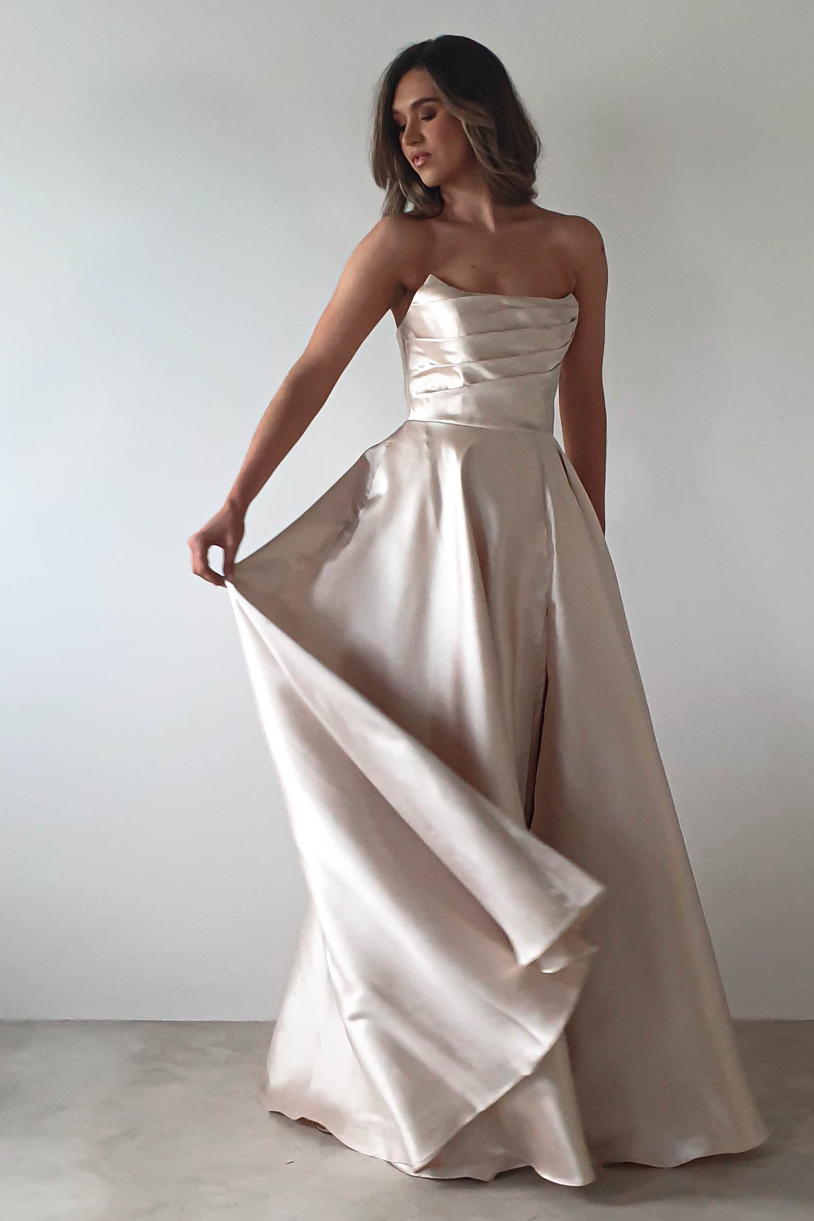 Miya Corset A-Line Satin Gown | Champagne | Debs & Prom | Formal Gown | Oh Hello Clothing