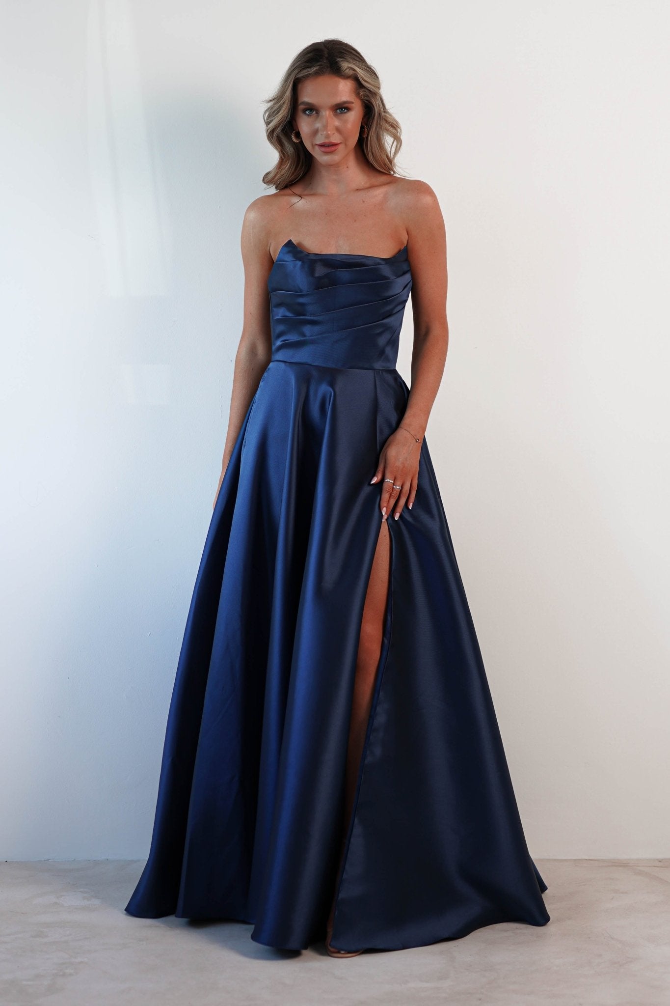 Miya Corset A-Line Satin Gown | Navy | Debs & Prom | Formal Gown | Oh Hello Clothing